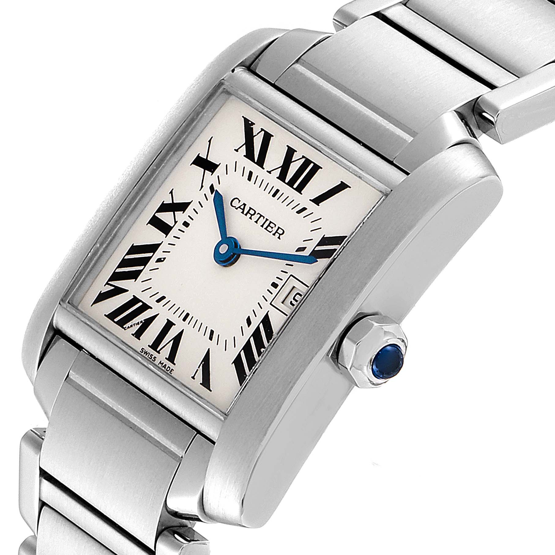 The image shows a close-up view of the Cartier Tank Francaise W51011Q3 Women
s Stainless Steel Silver Dial W51011Q3 Women
s Stainless Steel Silver Dial watch, highlighting the dial, hands, case, and bracelet.