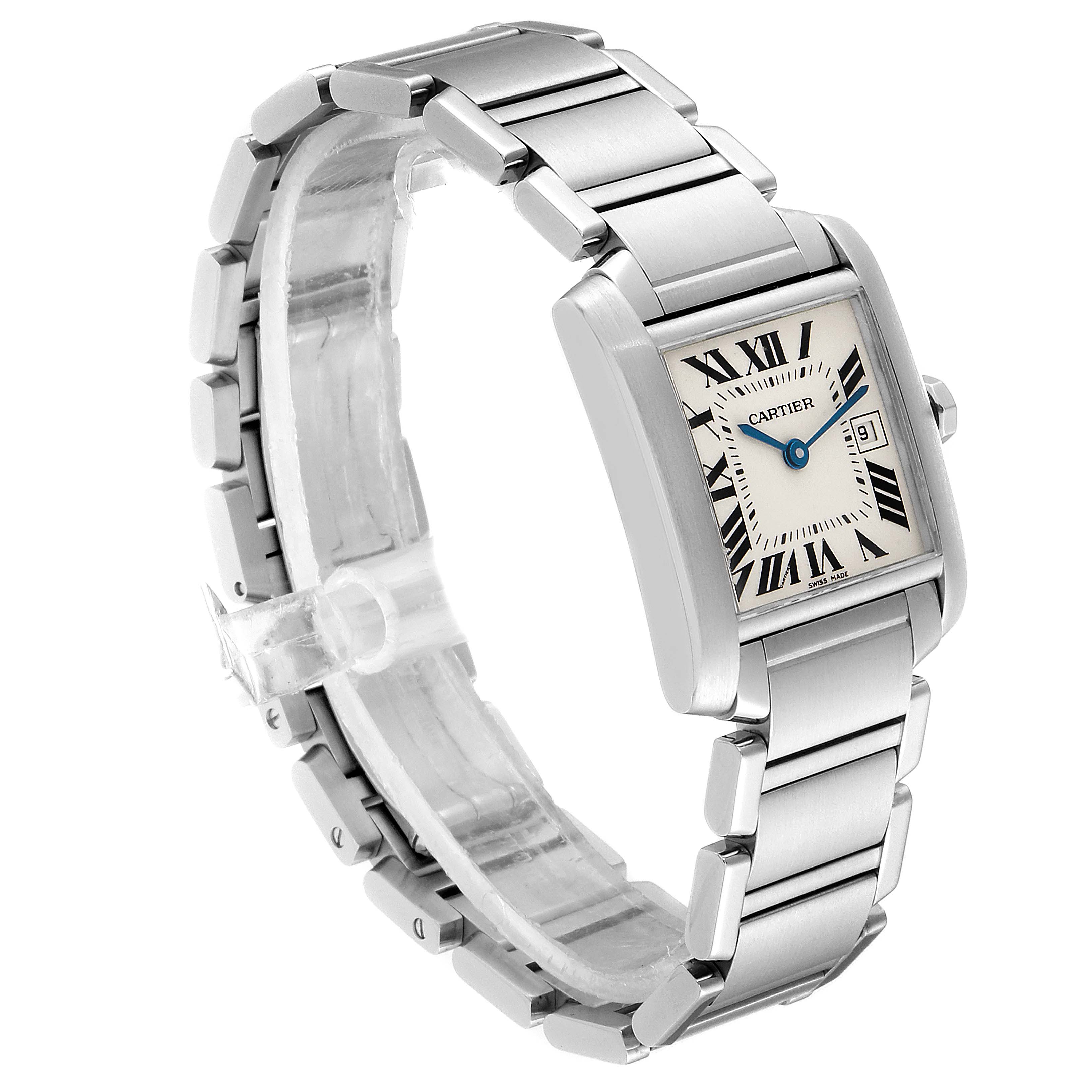 The Cartier Tank Francaise W51011Q3 Women
s Stainless Steel Silver Dial W51011Q3 Women
s Stainless Steel Silver Dial watch is shown at a side angle, highlighting the rectangular face, Roman numeral dial, metal bracelet, and clasp.