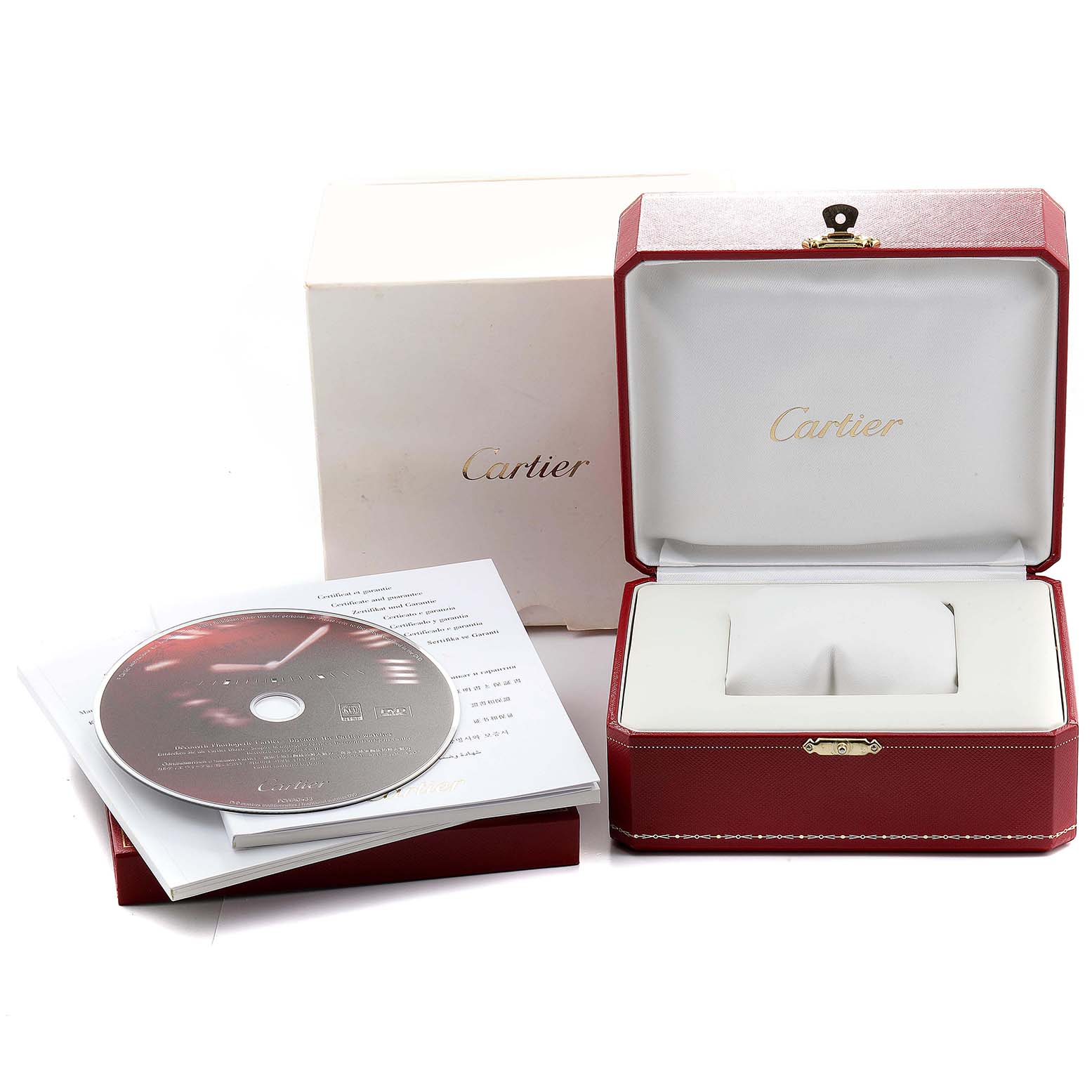 The image shows a Cartier Tank Francaise W51011Q3 Women
s Stainless Steel Silver Dial W51011Q3 Women
s Stainless Steel Silver Dial watch box, white outer box, instruction manual, and a CD, all viewed from the front.
