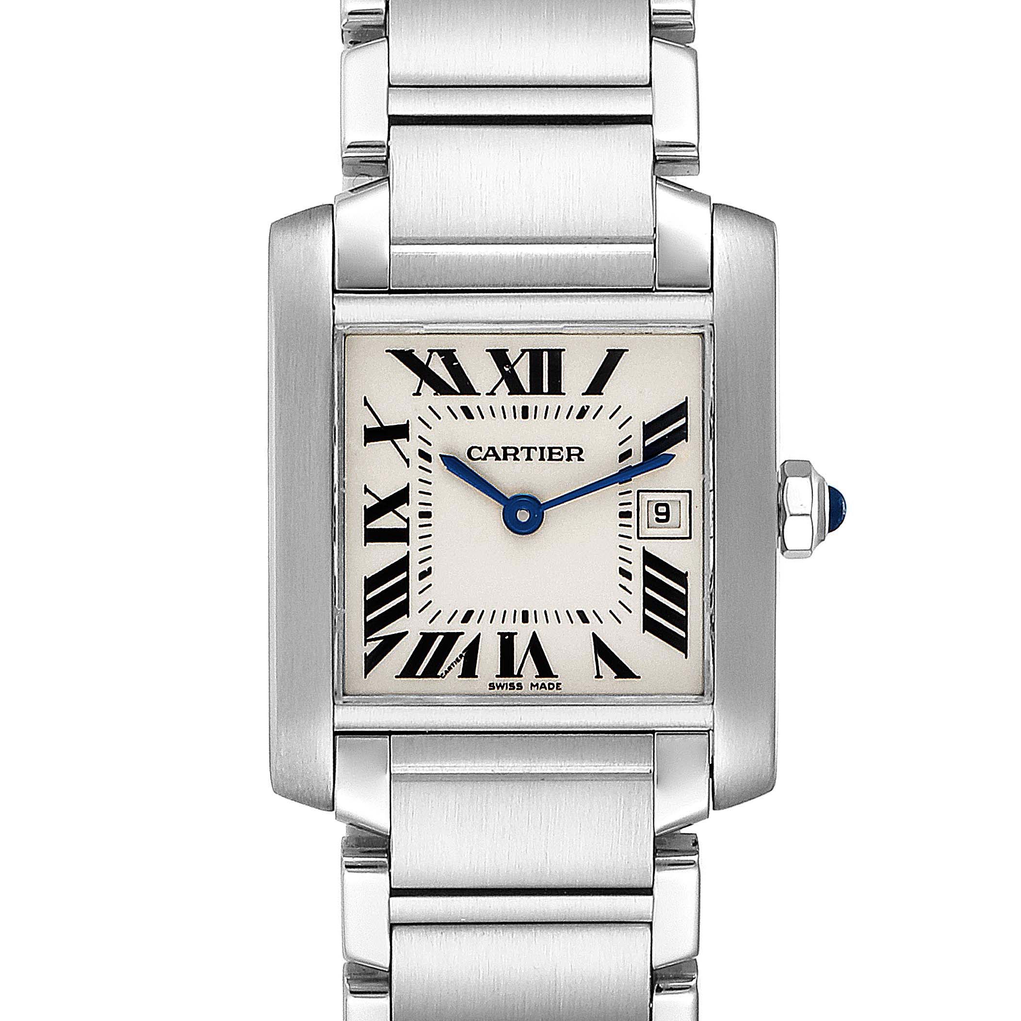 The image shows a front view of the Cartier Tank Française watch, highlighting its dial, bracelet, and crown.