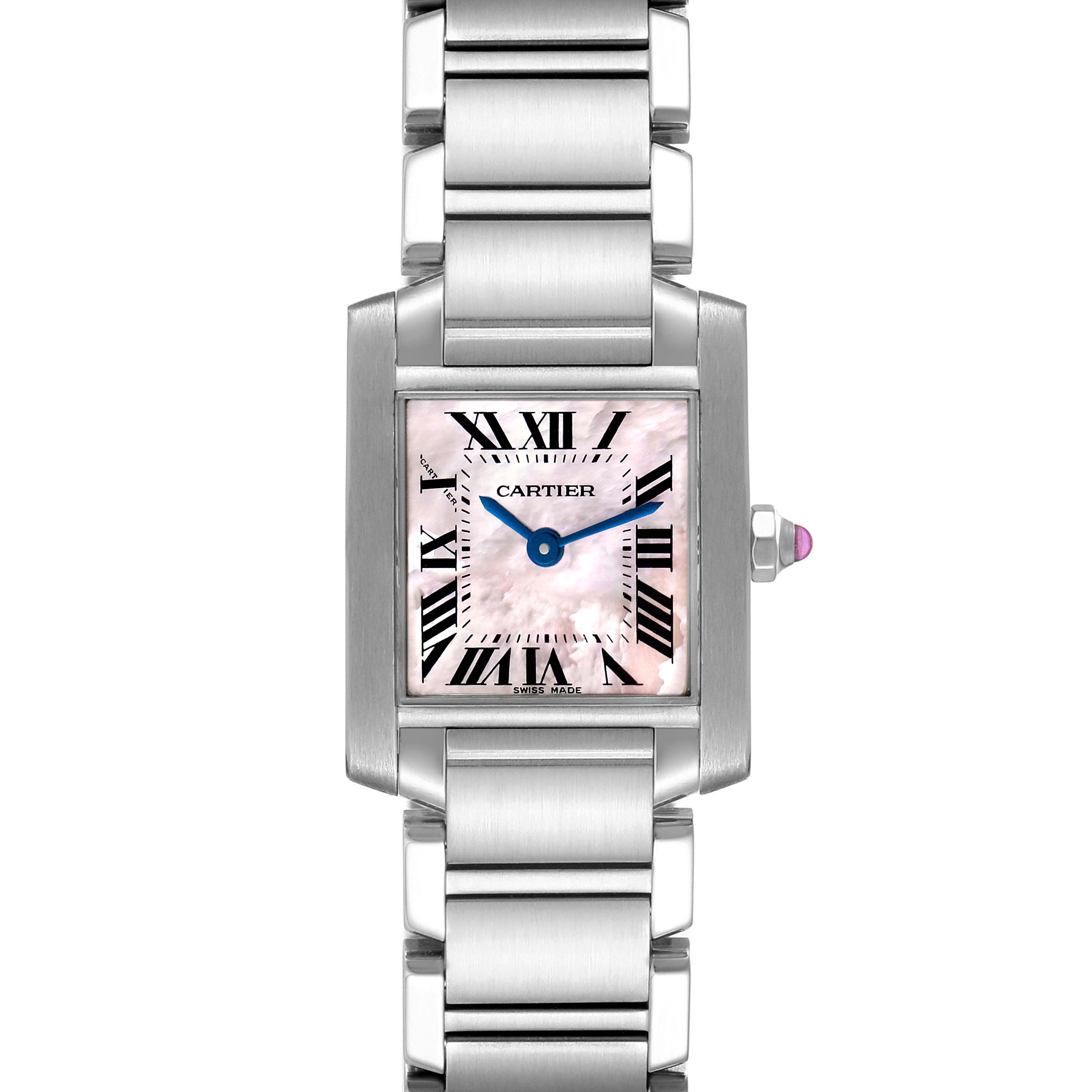 The image shows a frontal view of a Cartier Tank Francaise W51028Q3 Women's Stainless Steel Mother of Pearl Dial W51028Q3 Women's Stainless Steel Mother of Pearl Dial watch, displaying the bracelet and the rectangular dial.