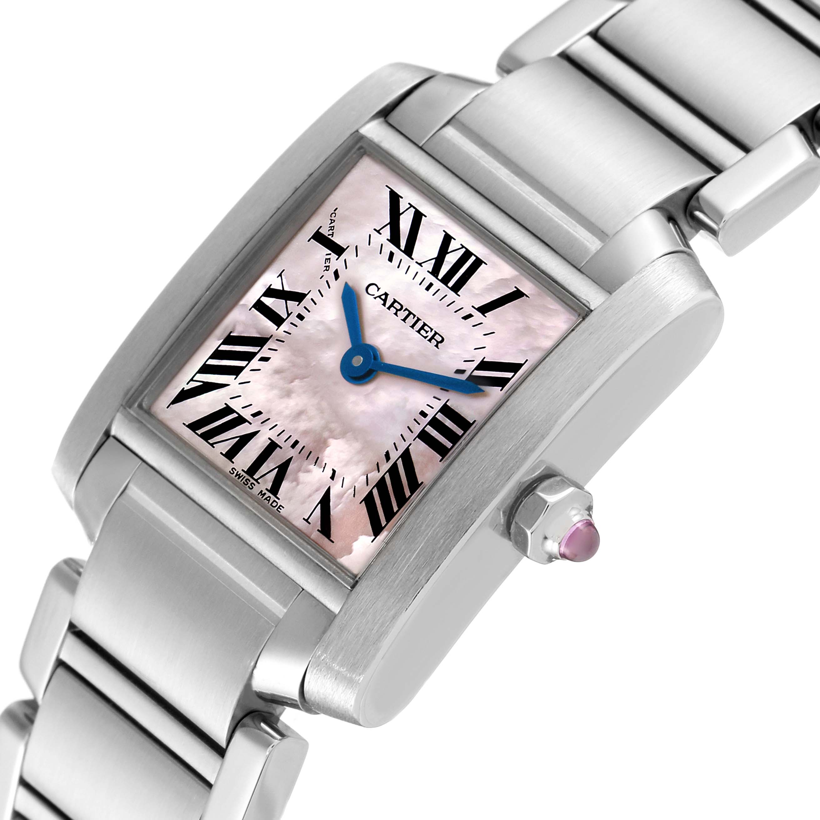 The image shows a close-up of the Cartier Tank Francaise W51028Q3 Women's Stainless Steel Mother of Pearl Dial W51028Q3 Women's Stainless Steel Mother of Pearl Dial watch, highlighting its face, crown, and part of the stainless steel bracelet.