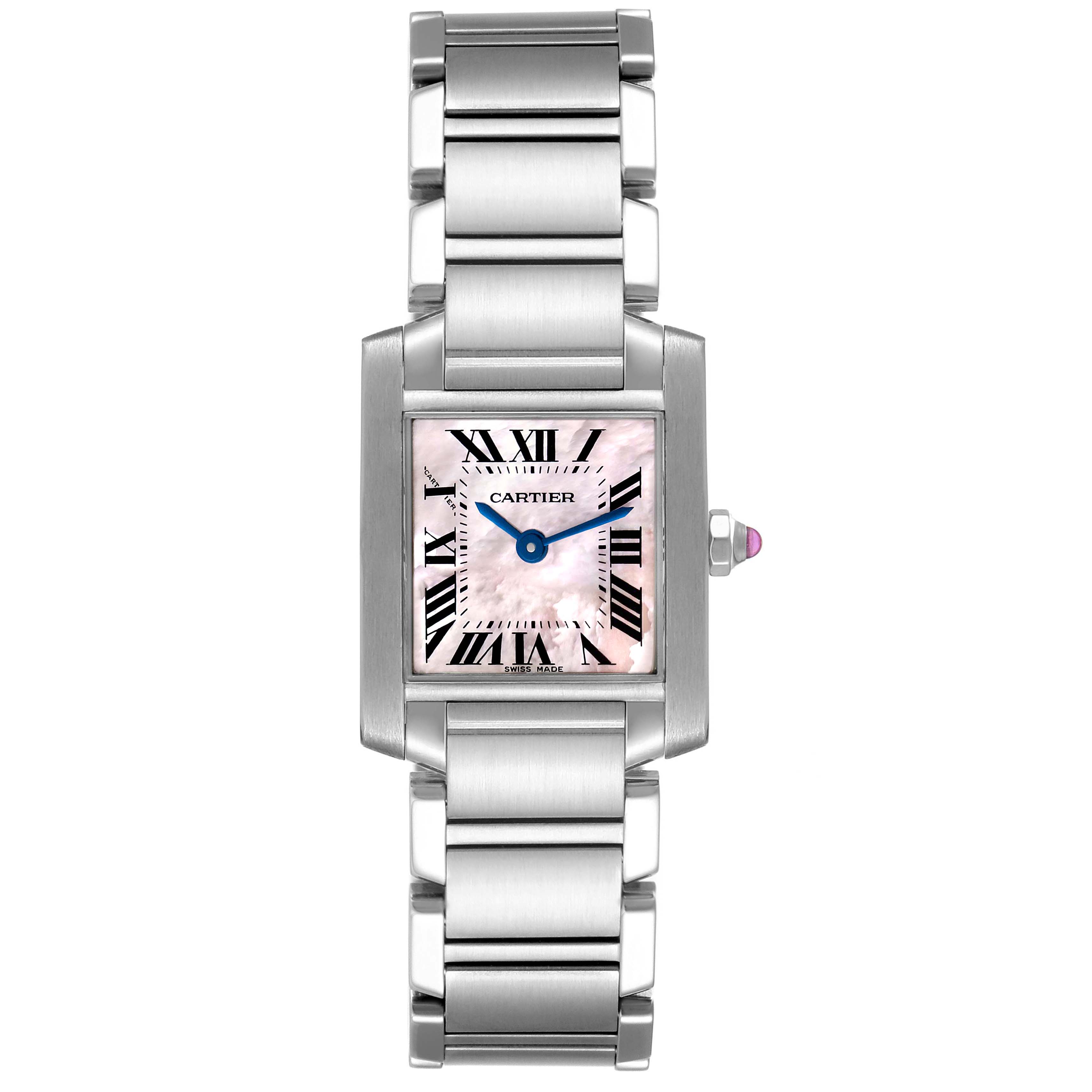 This image shows a front view of a Cartier Tank Francaise W51028Q3 Women's Stainless Steel Mother of Pearl Dial W51028Q3 Women's Stainless Steel Mother of Pearl Dial watch, highlighting its face, bezel, and metal bracelet.