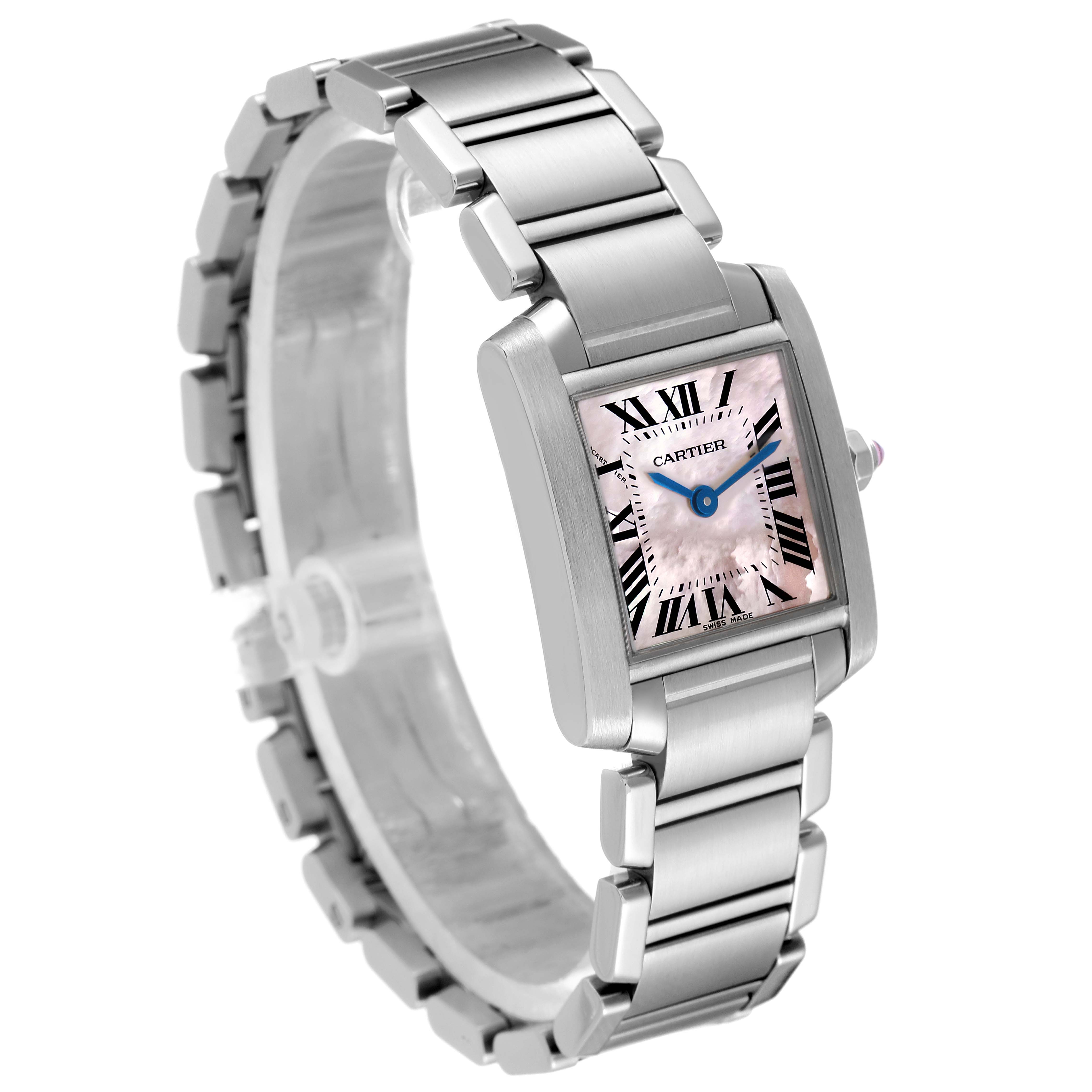 The Cartier Tank Francaise W51028Q3 Women's Stainless Steel Mother of Pearl Dial W51028Q3 Women's Stainless Steel Mother of Pearl Dial watch is shown at a three-quarter angle, highlighting its rectangular face and metal bracelet.