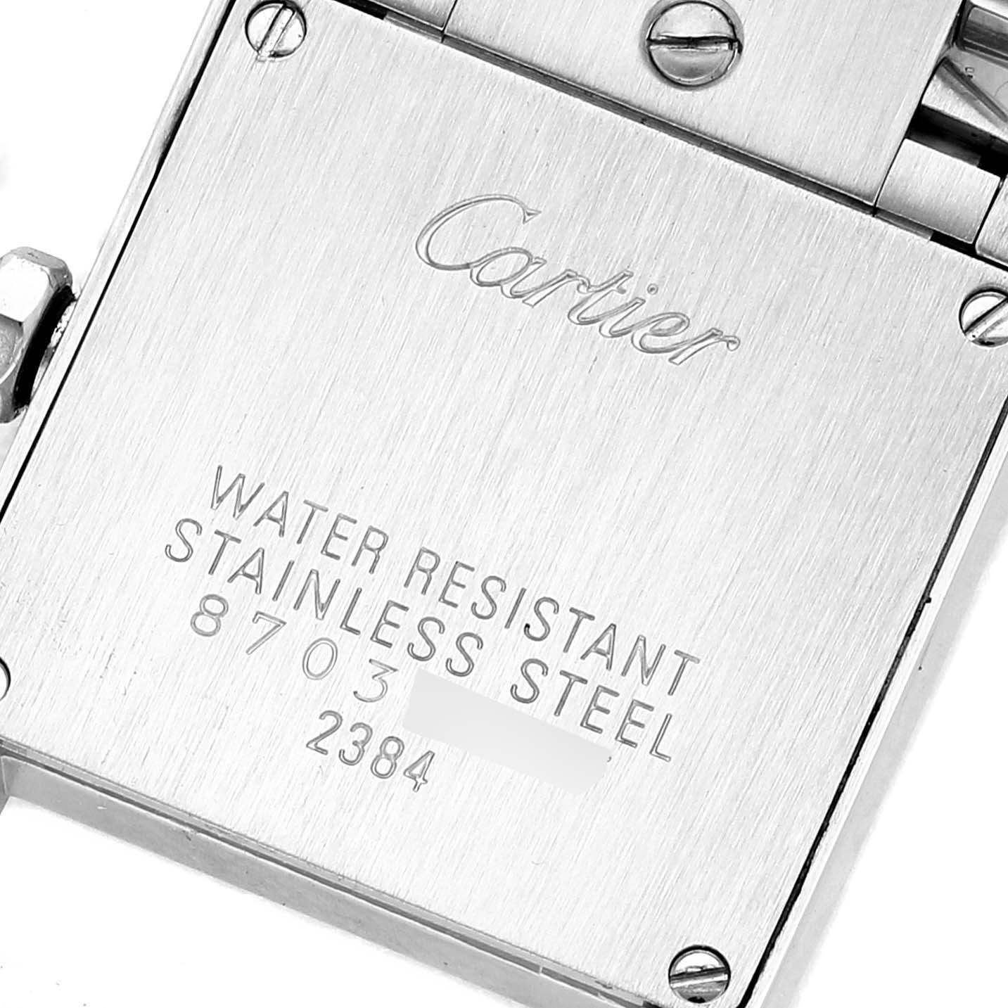 The image shows the back case of a Cartier Tank Francaise W51028Q3 Women's Stainless Steel Mother of Pearl Dial W51028Q3 Women's Stainless Steel Mother of Pearl Dial watch, displaying branding and specifications.
