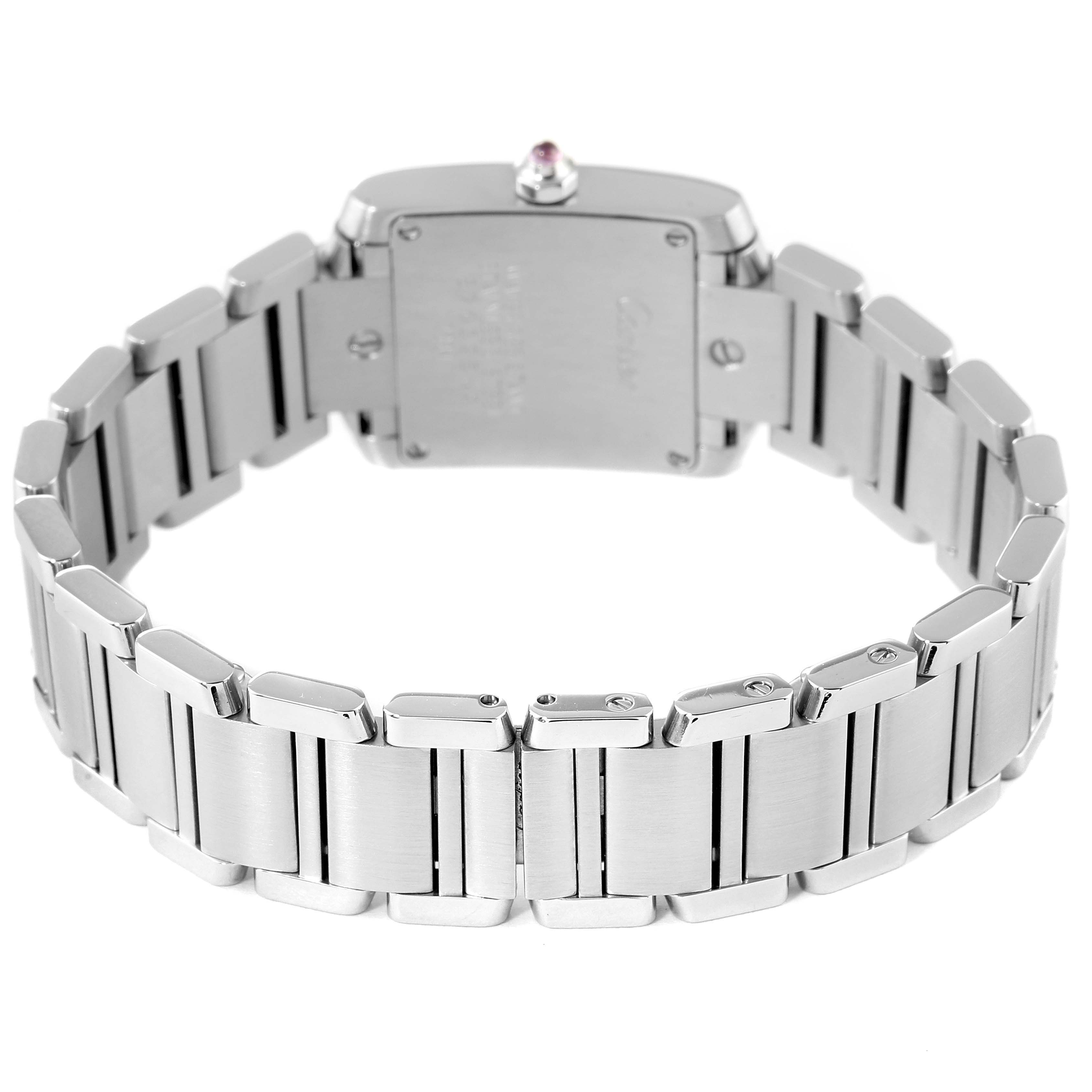 This image shows the back view of the Tank Francaise model by Cartier, highlighting its metal bracelet and case back.