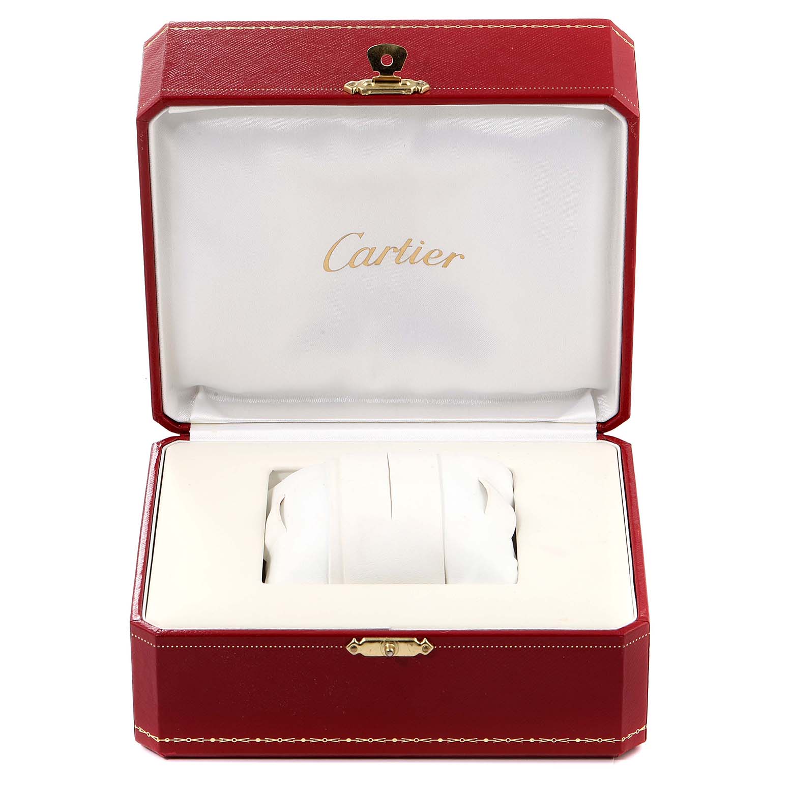 The image shows a Cartier Tank Francaise W51028Q3 Women's Stainless Steel Mother of Pearl Dial W51028Q3 Women's Stainless Steel Mother of Pearl Dial watch box, opened to display the interior cushioned space for the watch.