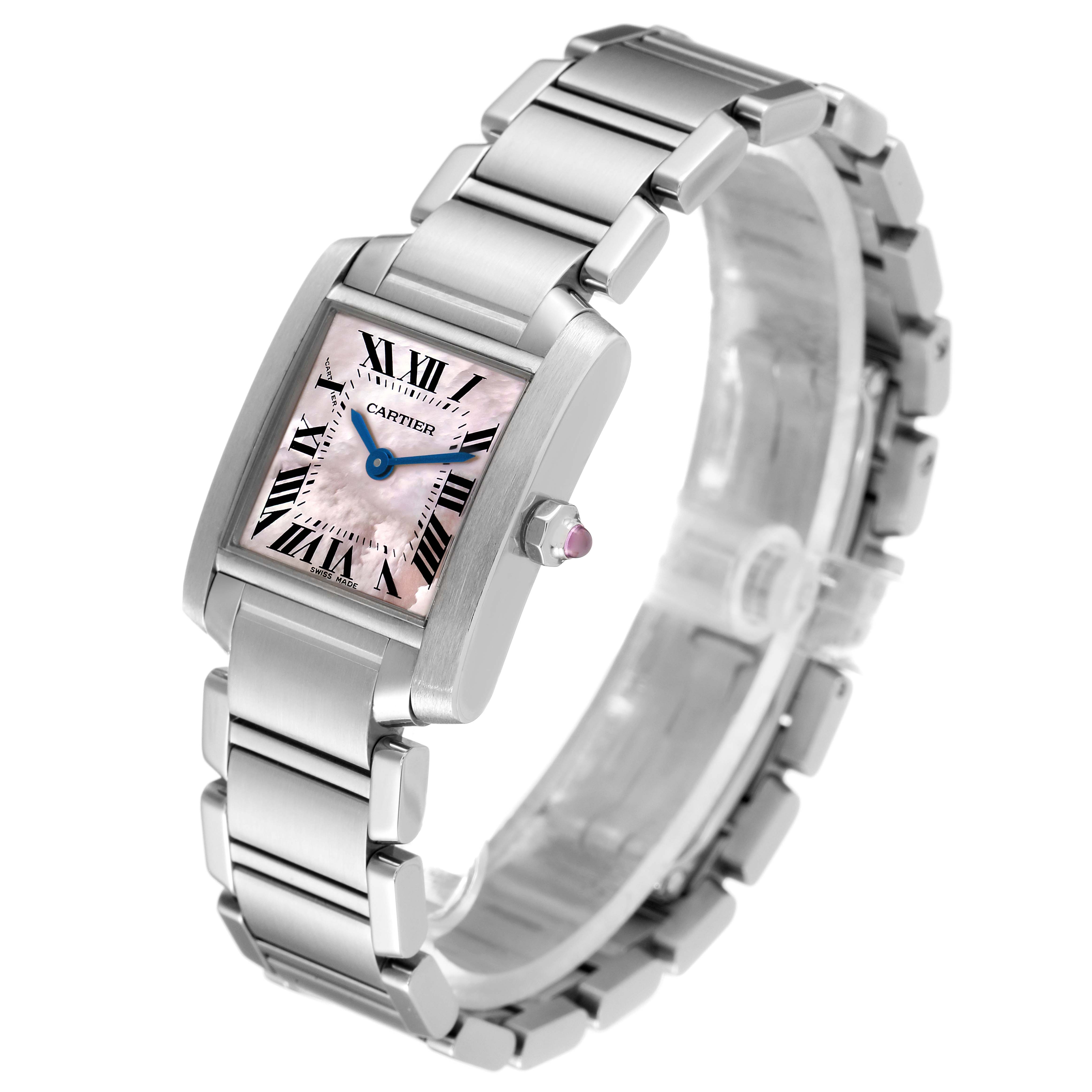 The Cartier Tank Francaise W51028Q3 Women's Stainless Steel Mother of Pearl Dial W51028Q3 Women's Stainless Steel Mother of Pearl Dial watch is shown at an angled perspective, highlighting its rectangular face, bracelet, and crown.