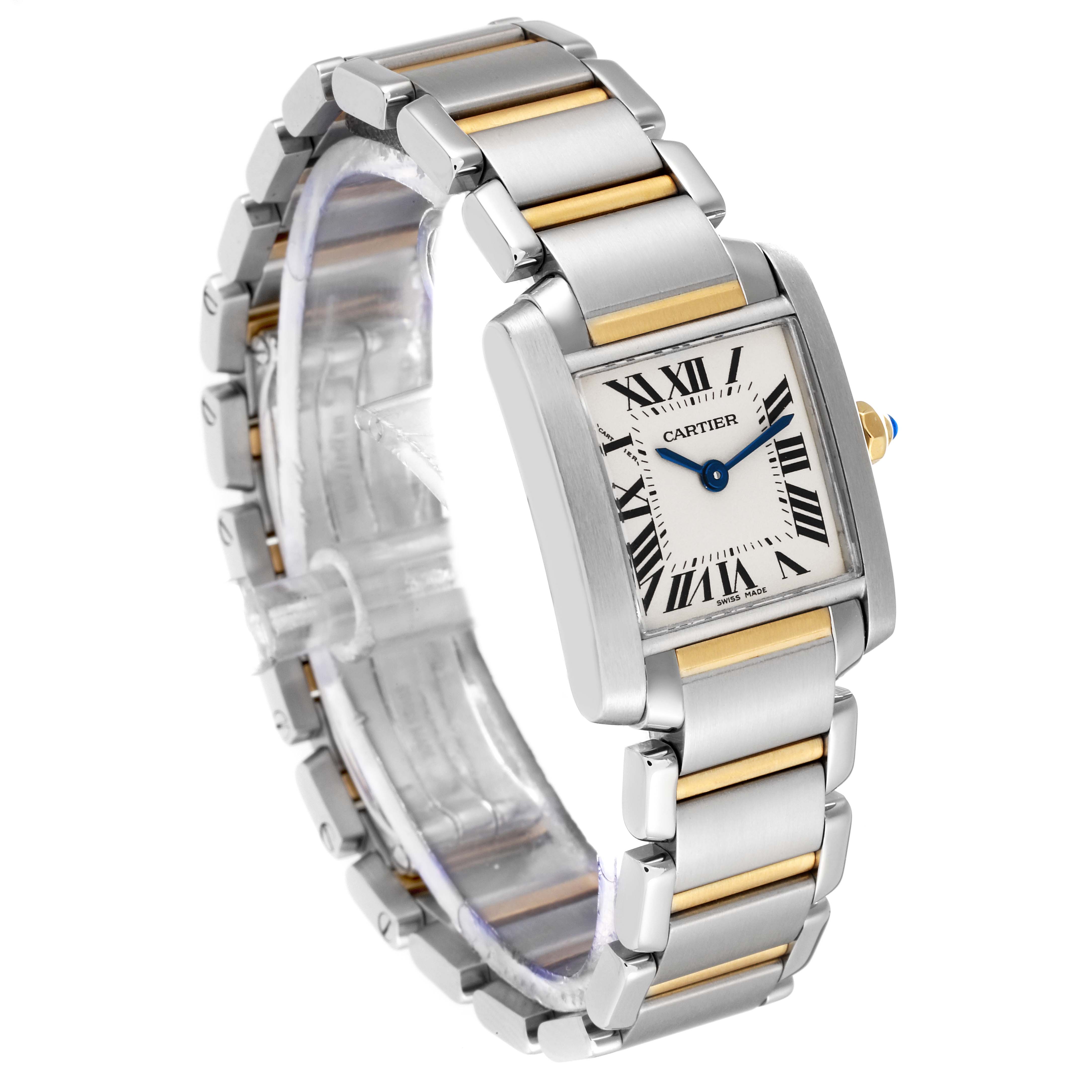 The image shows a Cartier Tank Française watch angled to display its rectangular face and two-tone metal bracelet.