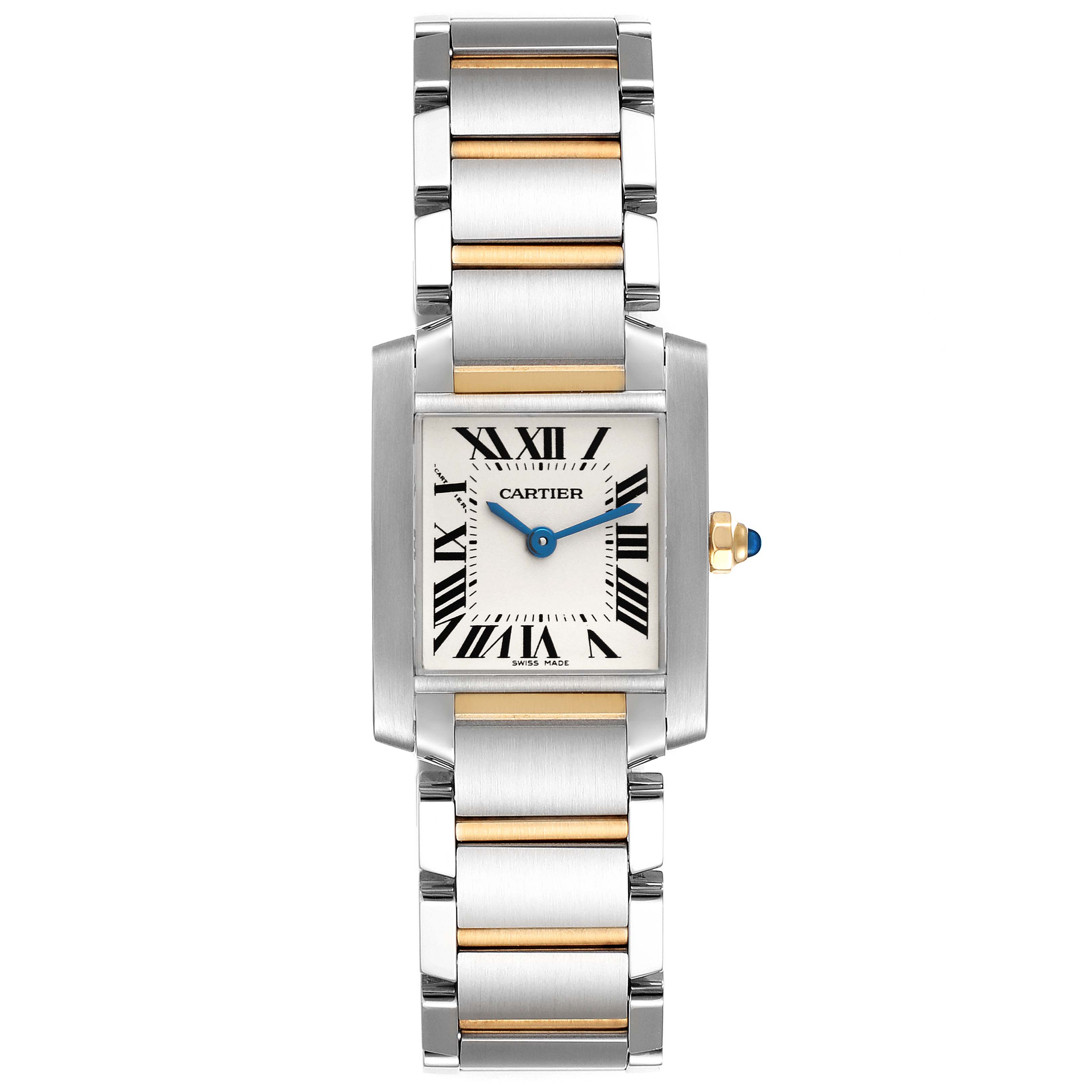 This image displays the Cartier Tank Francaise W51007Q4 Women
s Steel and Gold (two tone) Silver Dial W51007Q4 Women
s Steel and Gold (two tone) Silver Dial watch from a front angle, showcasing its rectangular dial, Roman numerals, and two-tone metal bracelet.