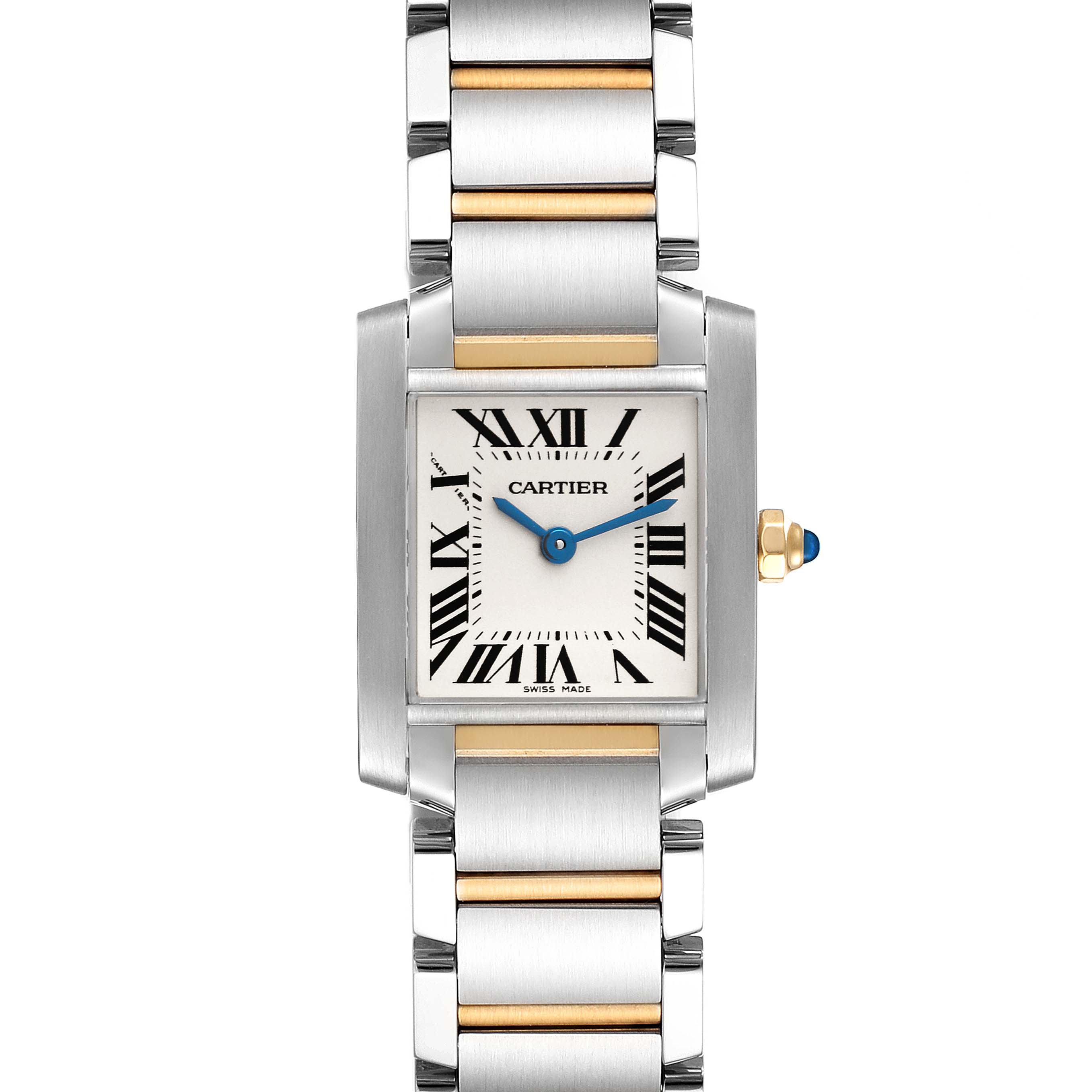 The image shows a front view of the Cartier Tank Francaise W51007Q4 Women
s Steel and Gold (two tone) Silver Dial W51007Q4 Women
s Steel and Gold (two tone) Silver Dial watch, including the dial, hands, and bracelet.