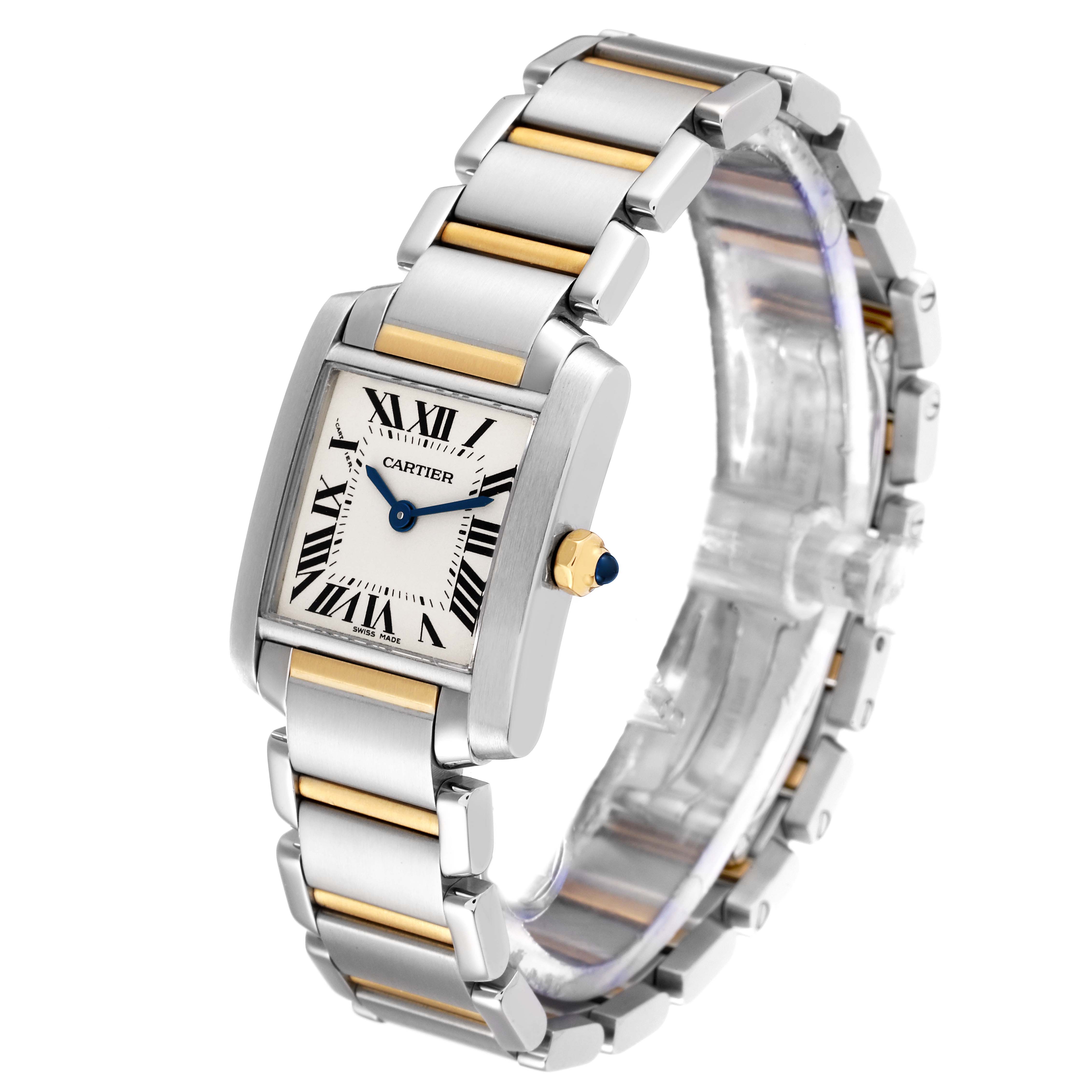 The image shows a Cartier Tank Francaise W51007Q4 Women
s Steel and Gold (two tone) Silver Dial W51007Q4 Women
s Steel and Gold (two tone) Silver Dial watch from a three-quarter angle, highlighting the rectangular face, metal bracelet, and crown.