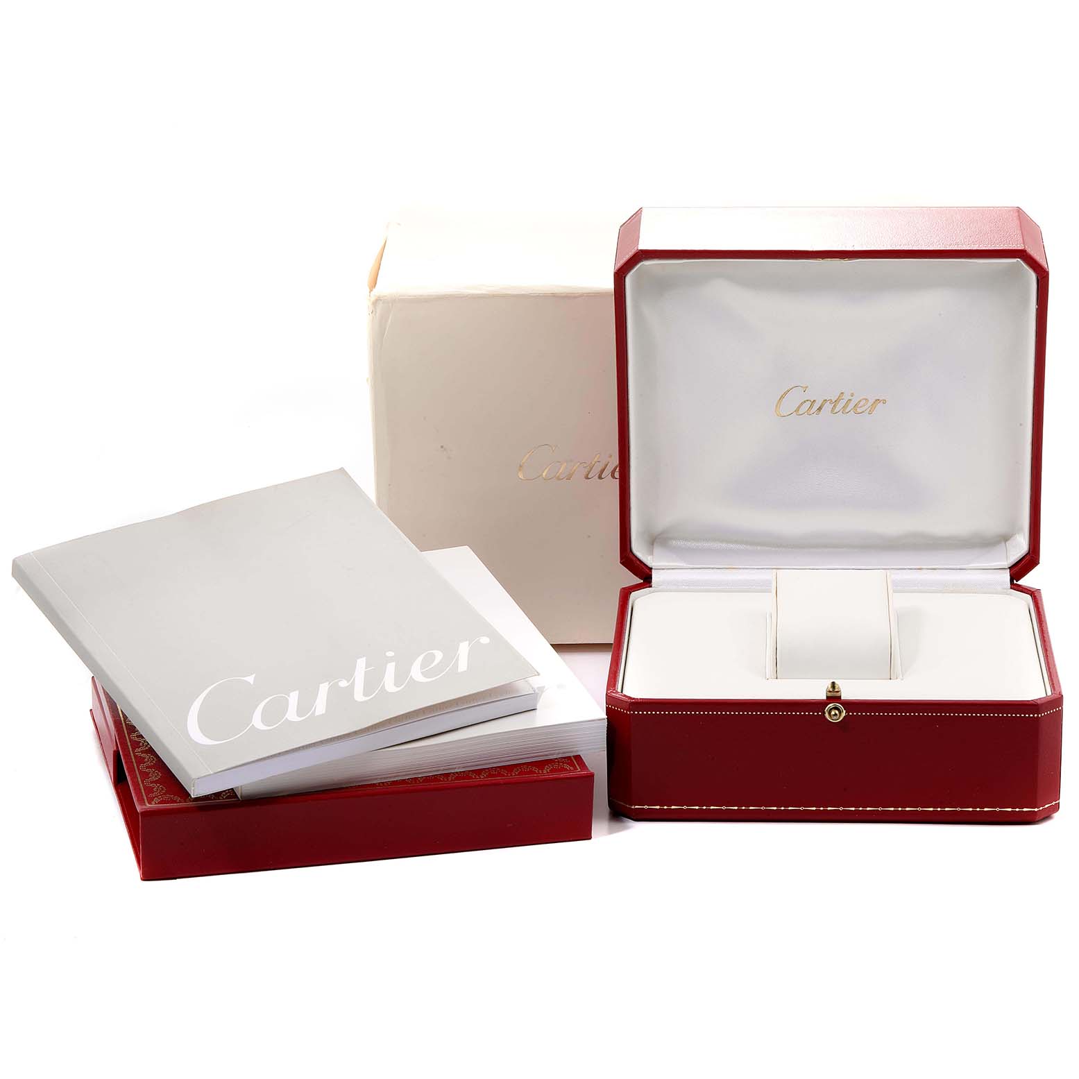 This image shows a Cartier Tank Francaise W51007Q4 Women
s Stainless Steel Silver Dial W51007Q4 Women
s Stainless Steel Silver Dial watch box, an outer box, and accompanying booklets.