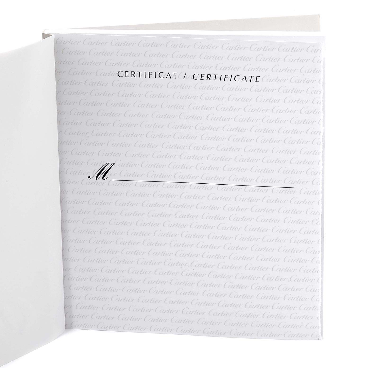 This image shows a certificate booklet for the Tank Francaise model by Cartier, opened to an inside page.