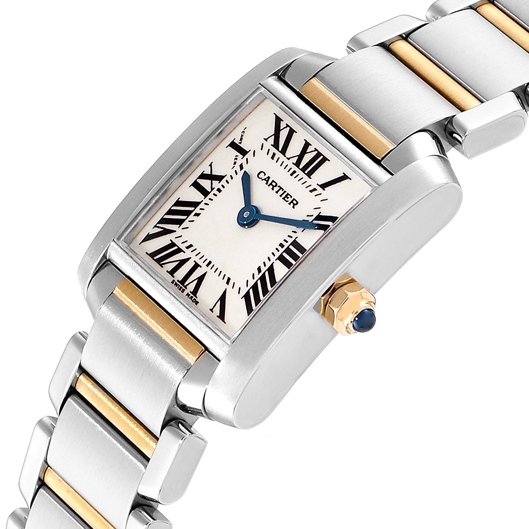 The image shows a close-up angled view of the Cartier Tank Francaise W51007Q4 Women
s Stainless Steel Silver Dial W51007Q4 Women
s Stainless Steel Silver Dial watch, highlighting its face, bezel, crown, and part of the metal bracelet.