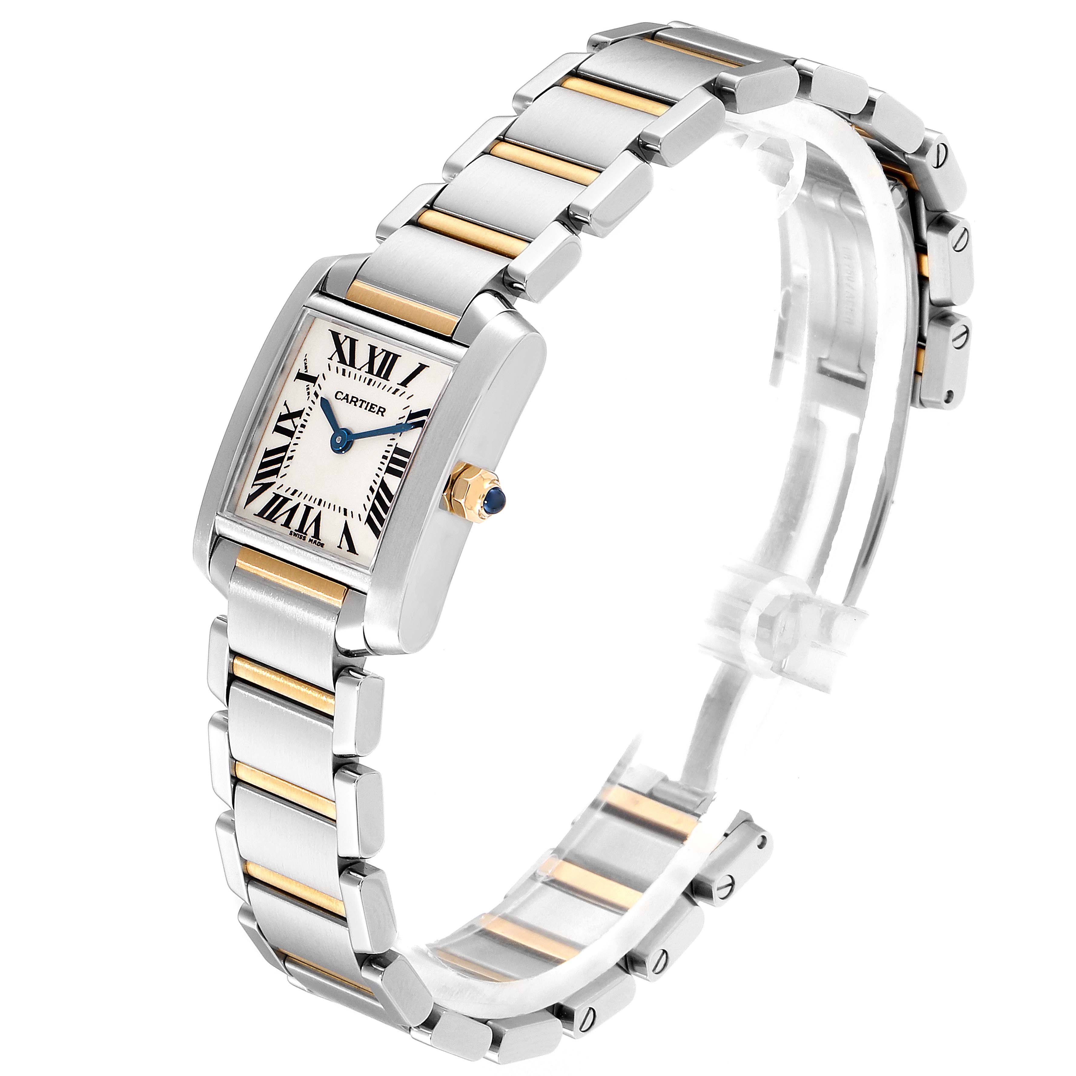 The Cartier Tank Francaise W51007Q4 Women
s Stainless Steel Silver Dial W51007Q4 Women
s Stainless Steel Silver Dial watch is shown at a tilted angle, displaying the face, bezel, crown, and bracelet.