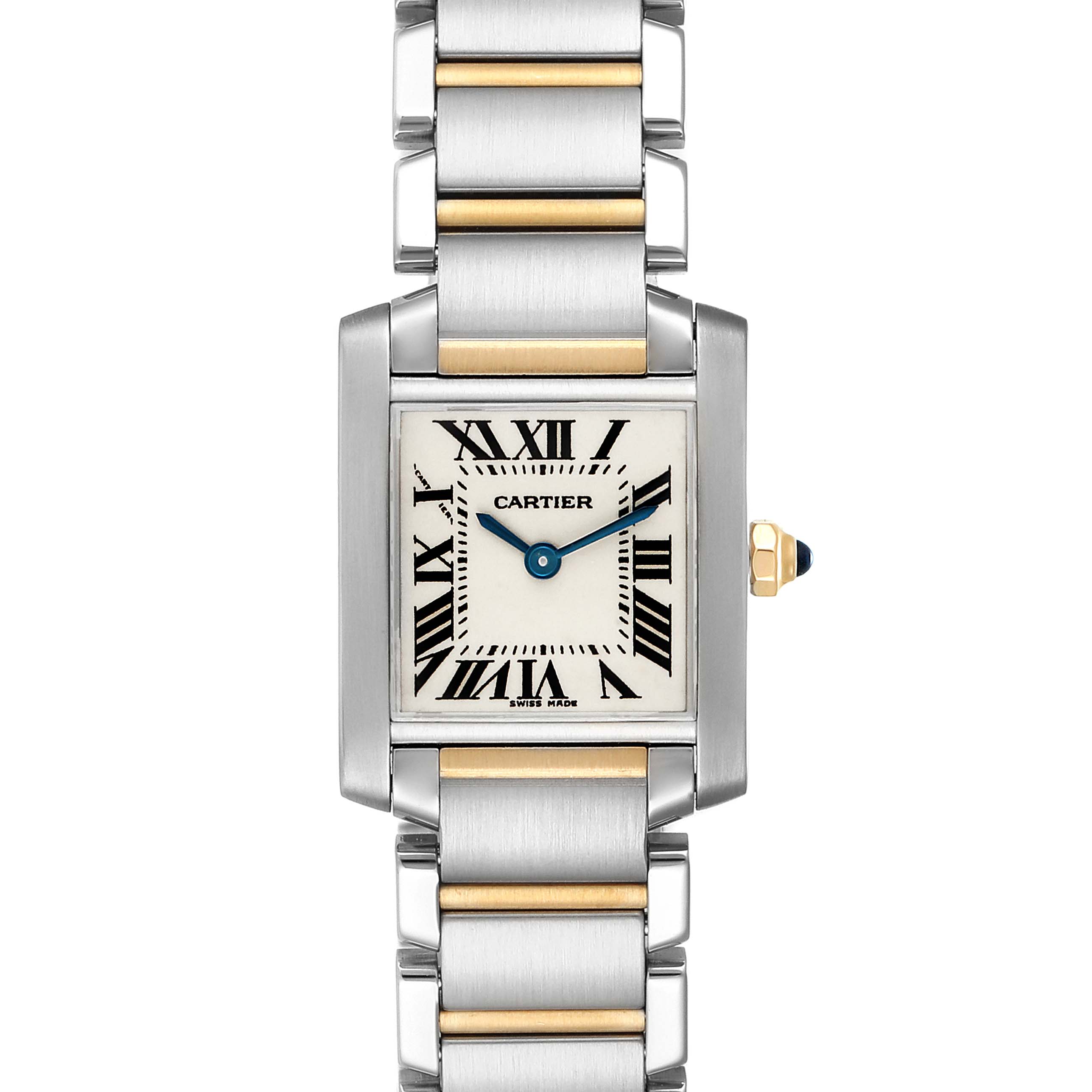 This image shows a Cartier Tank Francaise W51007Q4 Women
s Stainless Steel Silver Dial W51007Q4 Women
s Stainless Steel Silver Dial watch from a front angle, highlighting its rectangular face and bimetal bracelet.