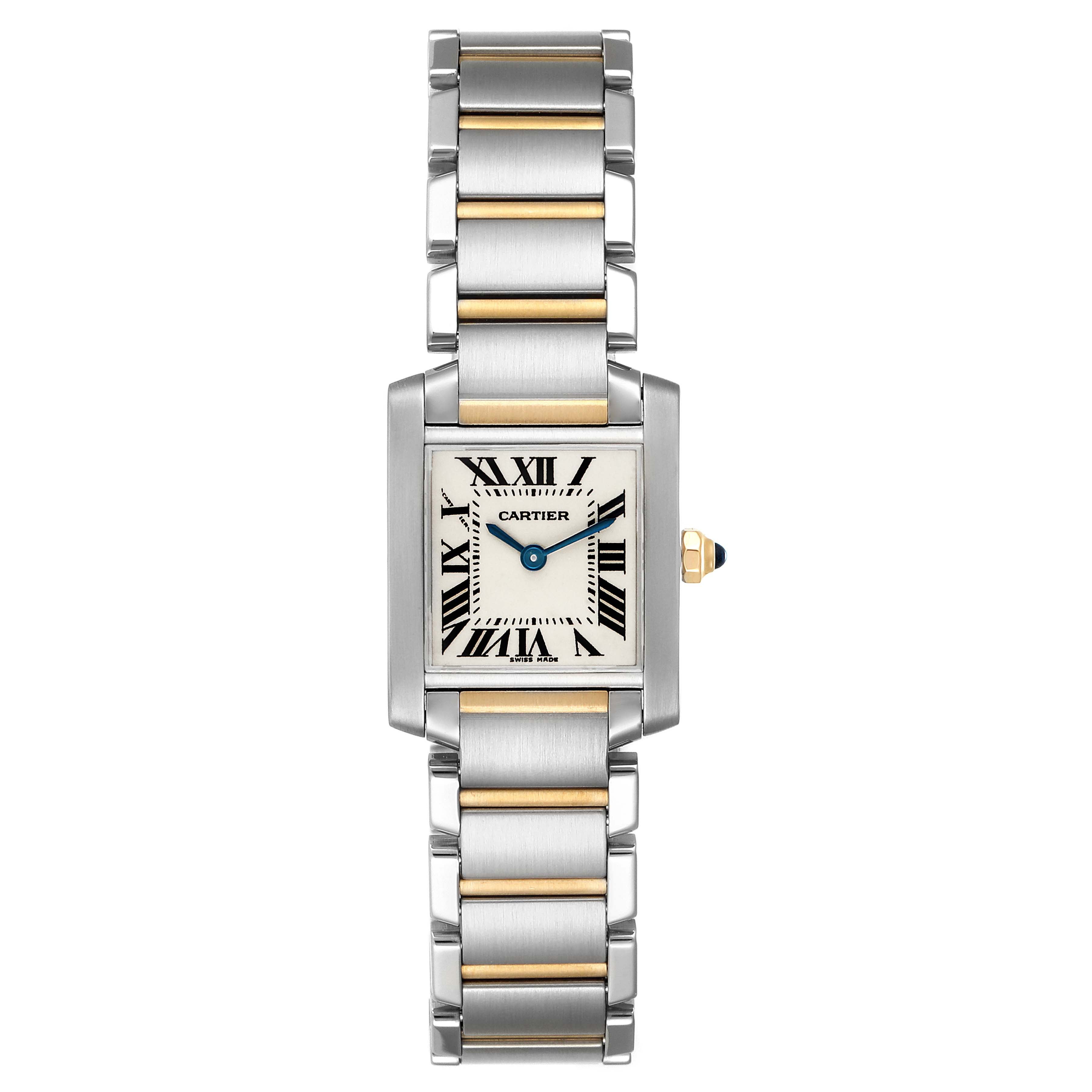 This image shows a front view of the Tank Francaise watch by Cartier, featuring its face and metal bracelet.