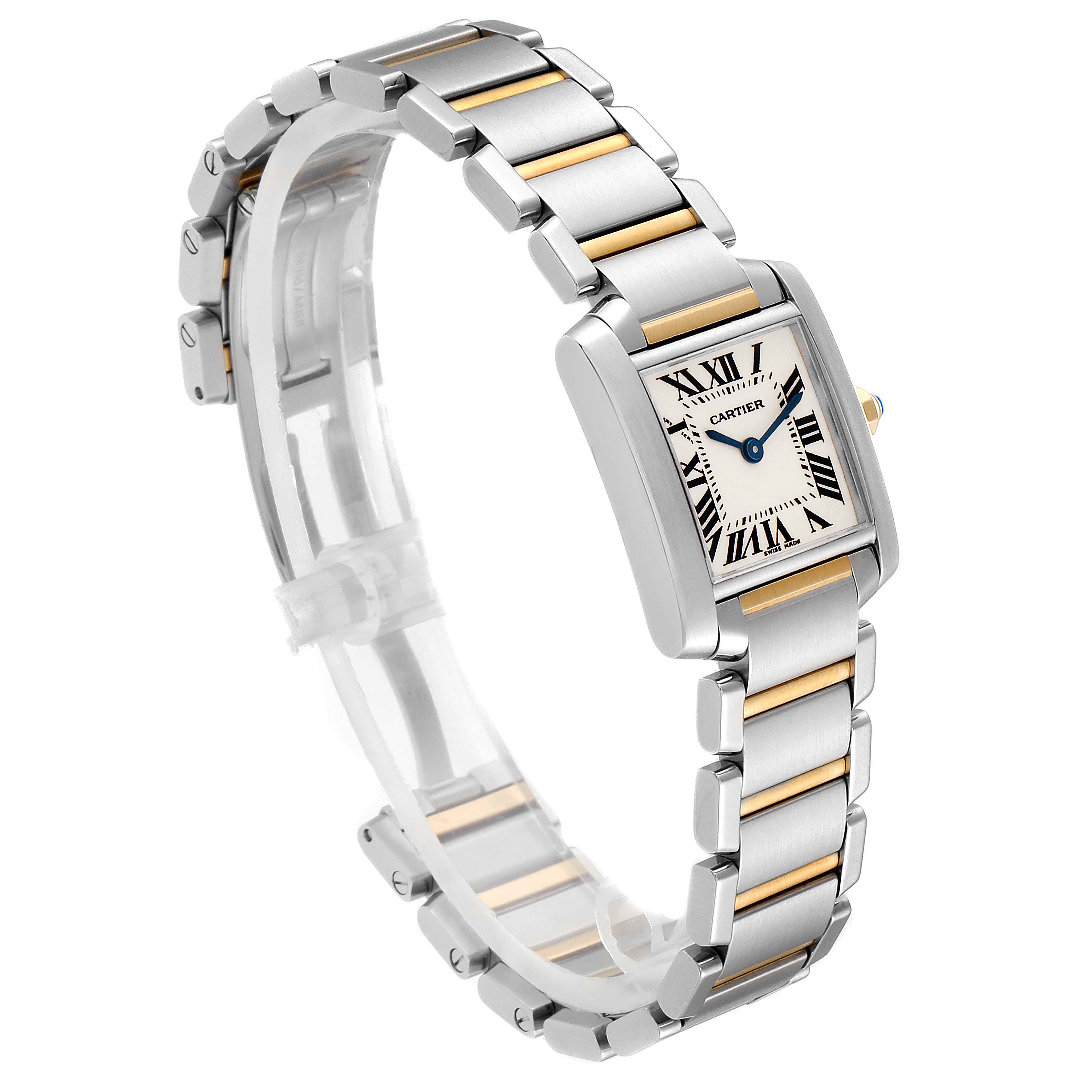 The Cartier Tank Francaise W51007Q4 Women
s Stainless Steel Silver Dial W51007Q4 Women
s Stainless Steel Silver Dial watch is shown from a three-quarter angle, displaying the face, bracelet, and crown.