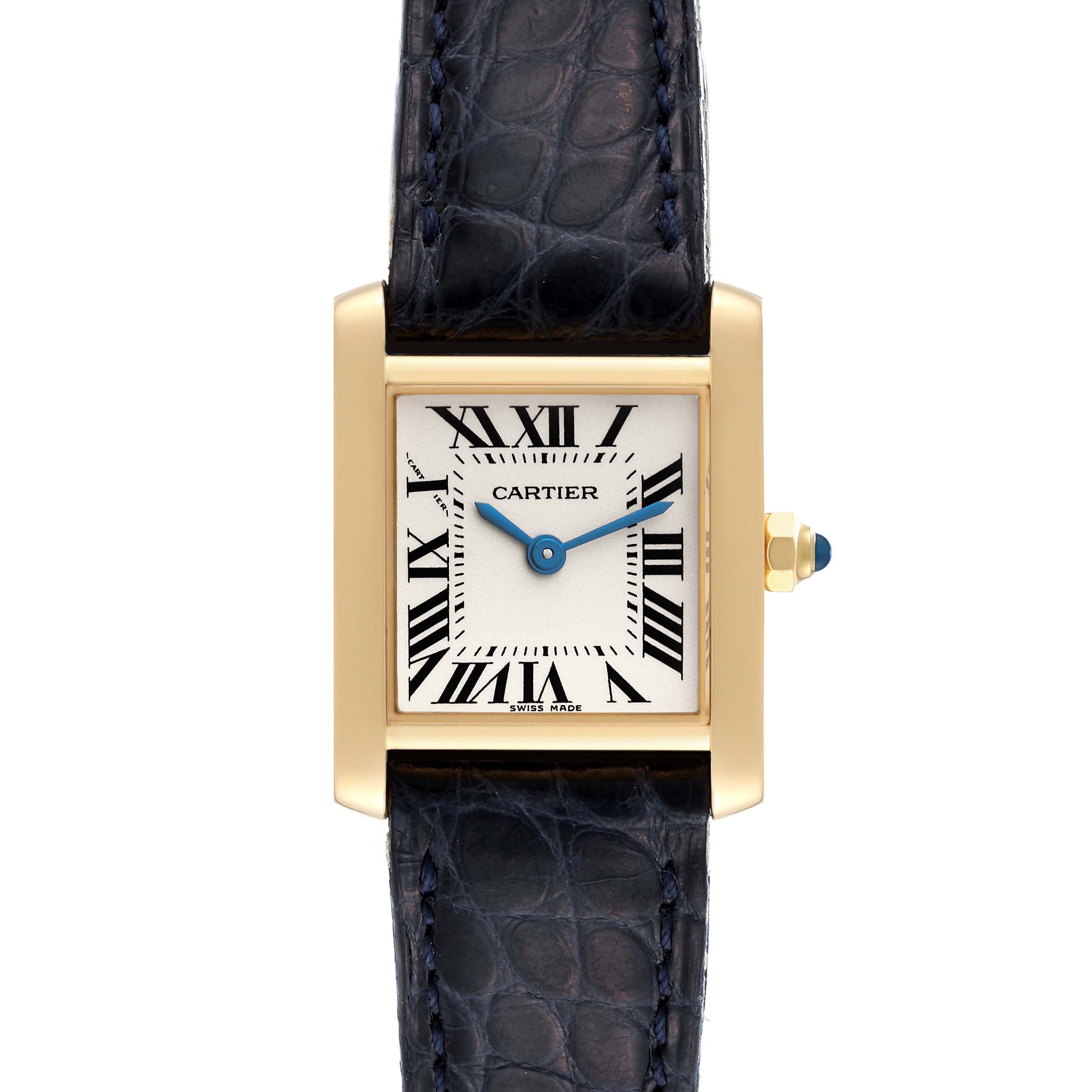 This image shows a front view of a Tank Francaise model by Cartier, displaying the face, hands, crown, and blue alligator strap.