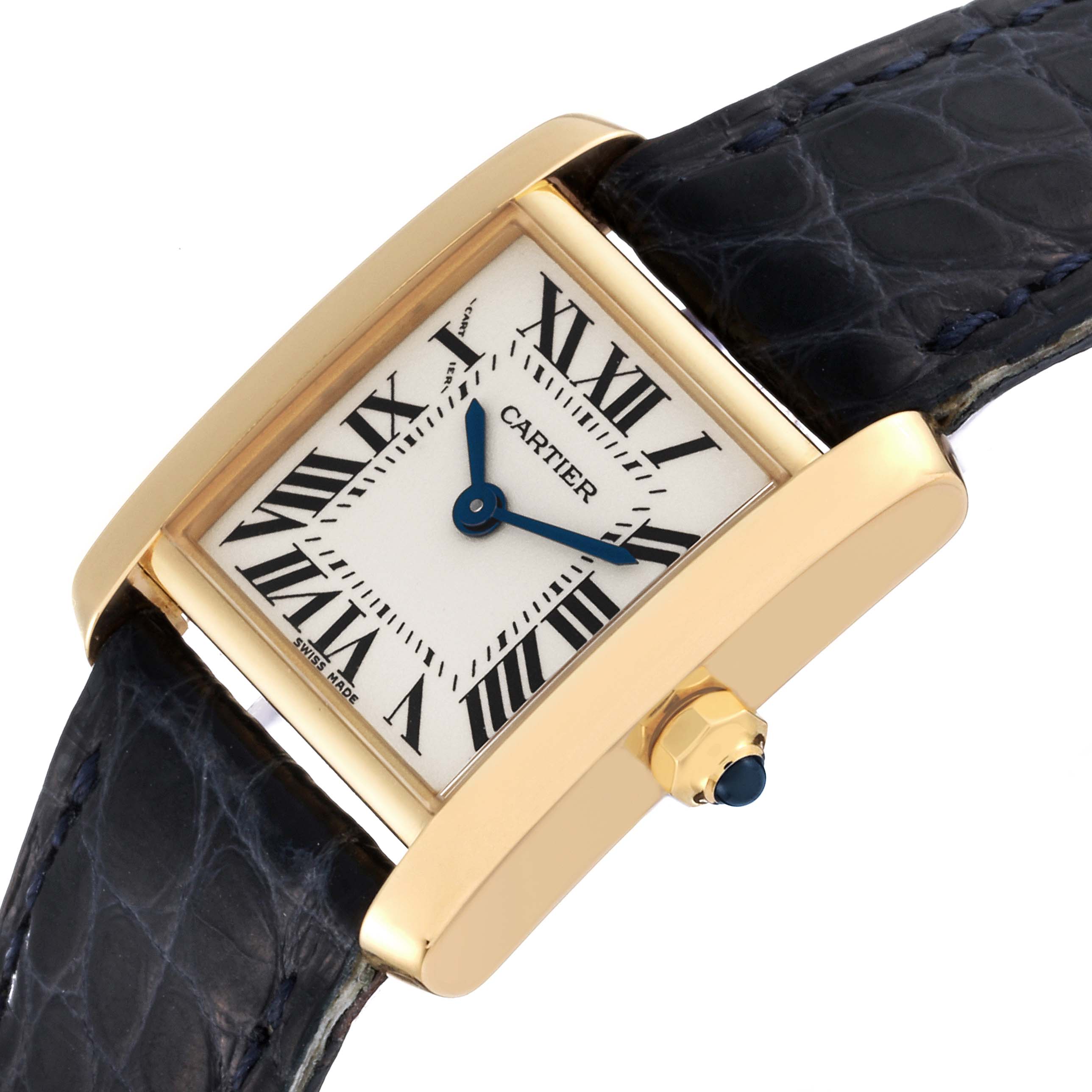 The image shows a Cartier Tank Francaise W5000256 Women
s Yellow Gold Silver Dial W5000256 Women
s Yellow Gold Silver Dial watch at an angle, highlighting its face, crown, case, and part of the leather strap.