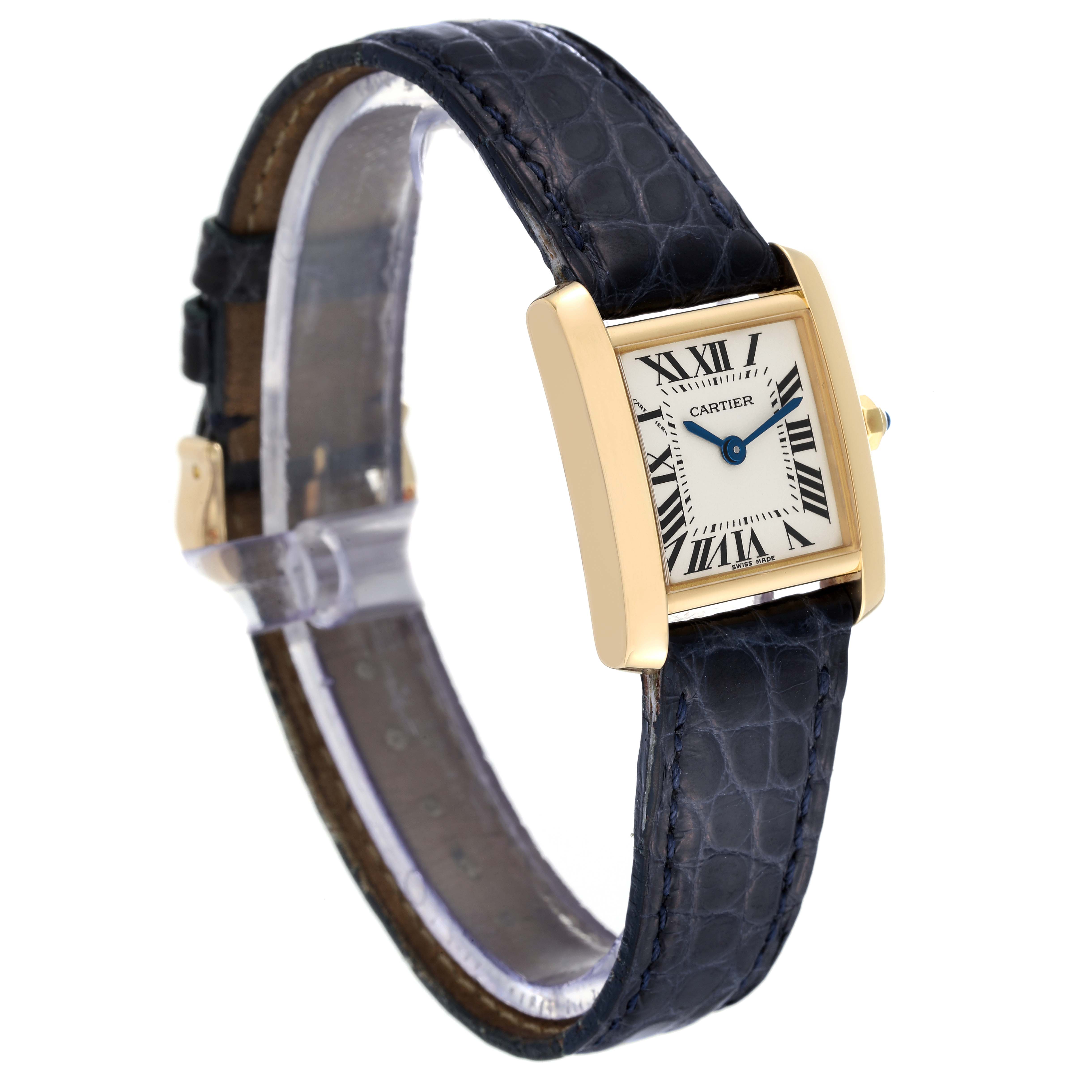 The Cartier Tank Française watch is shown at an angle displaying its face, strap, and clasp.
