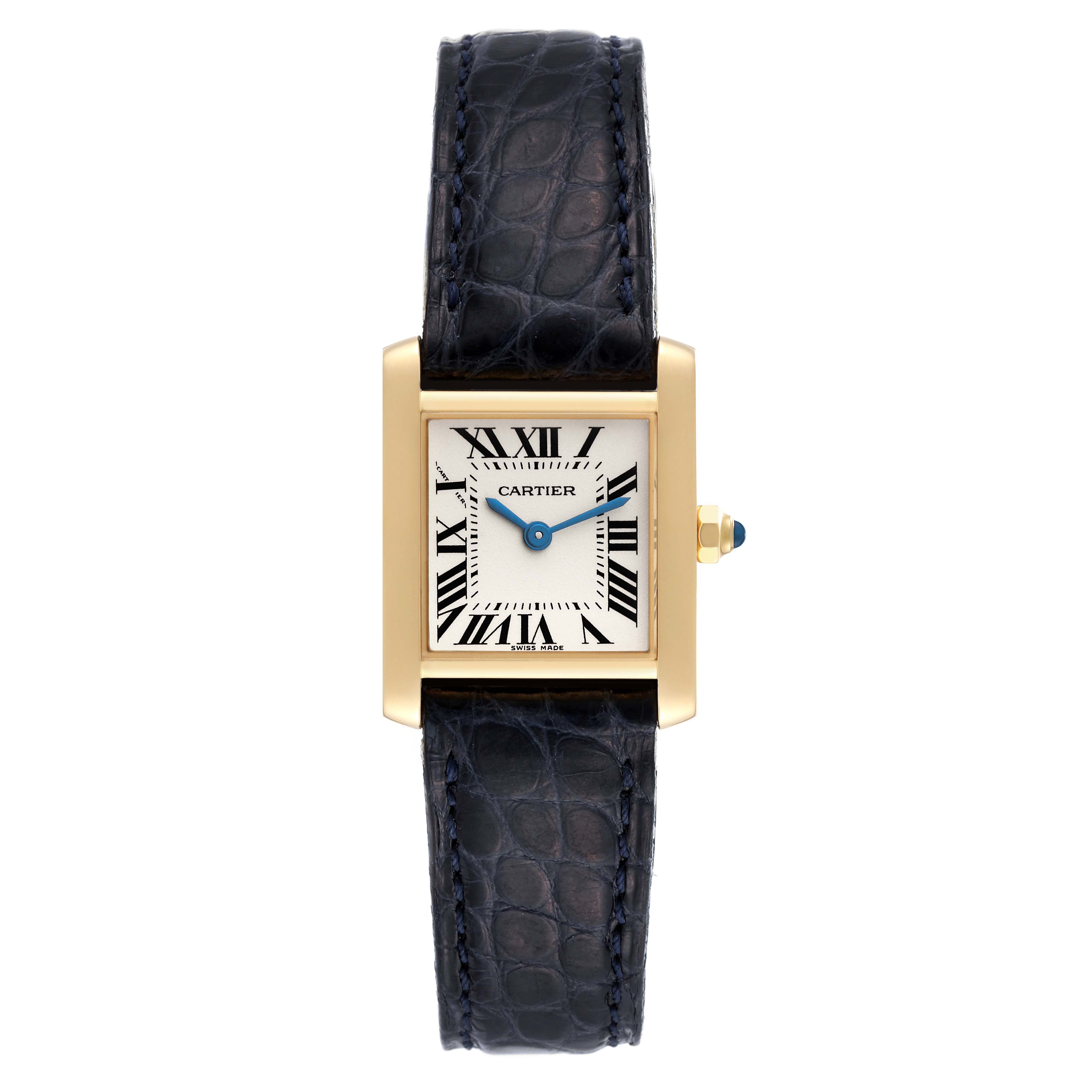 This image shows a frontal view of the Cartier Tank Française watch featuring its rectangular dial, Roman numerals, and a black strap.