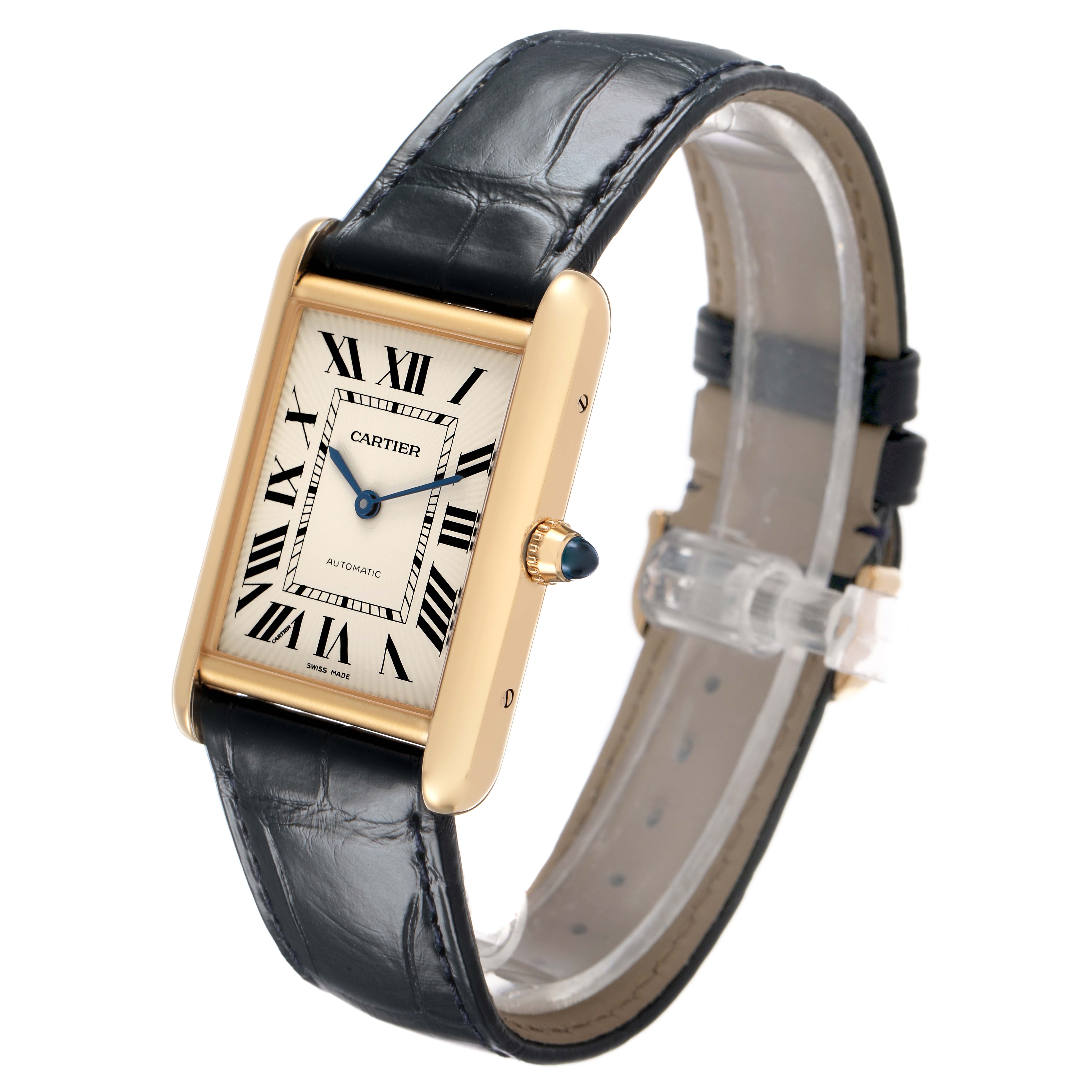 The image shows a Cartier Tank Louis WGTA0357 Men's Yellow Gold Silver Dial watch angled slightly to the side, highlighting the face, case, crown, and blue alligator strap.