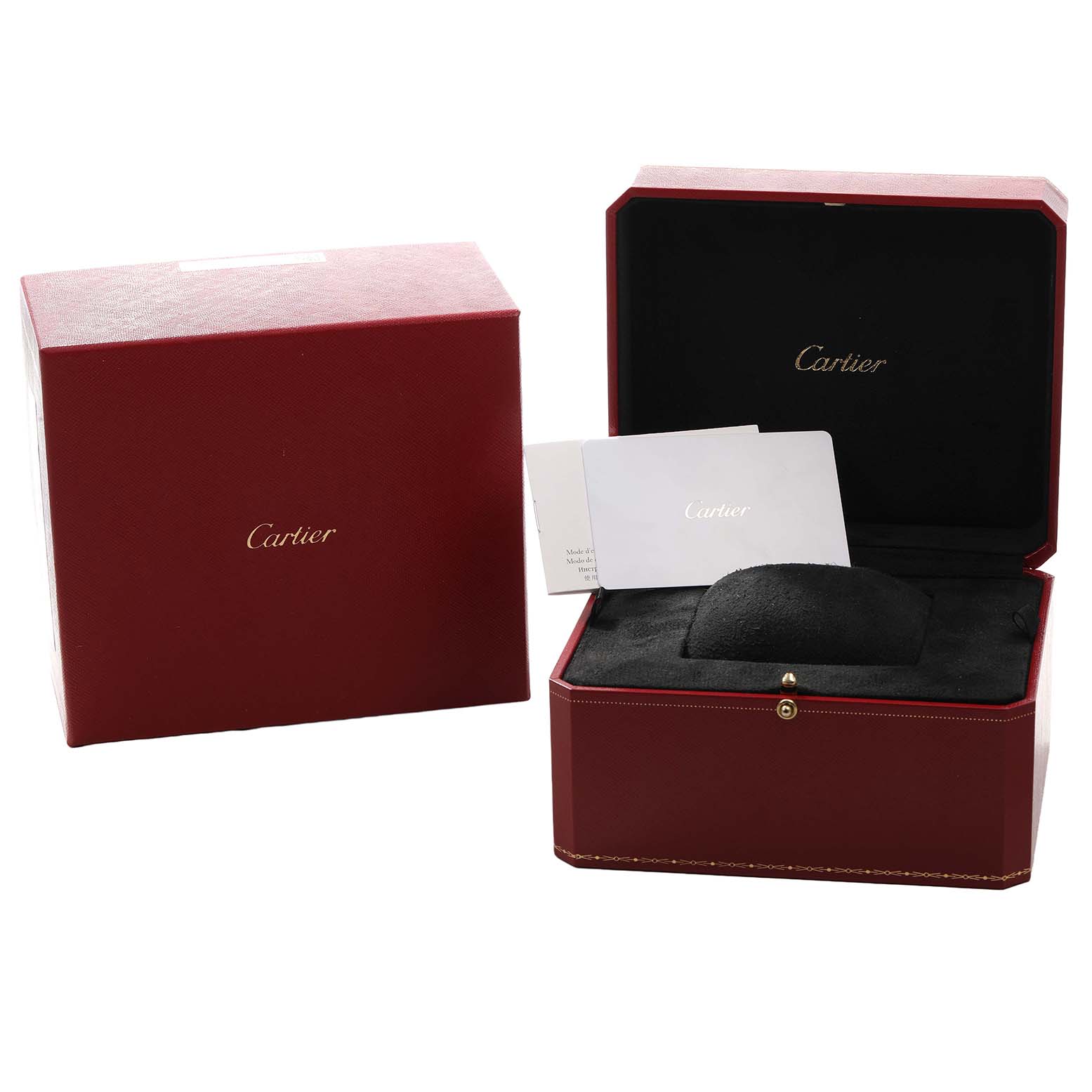 The image shows a Cartier Tank Louis WGTA0357 Men's Yellow Gold Silver Dial watch box and accessories, including an open and closed box with documents.