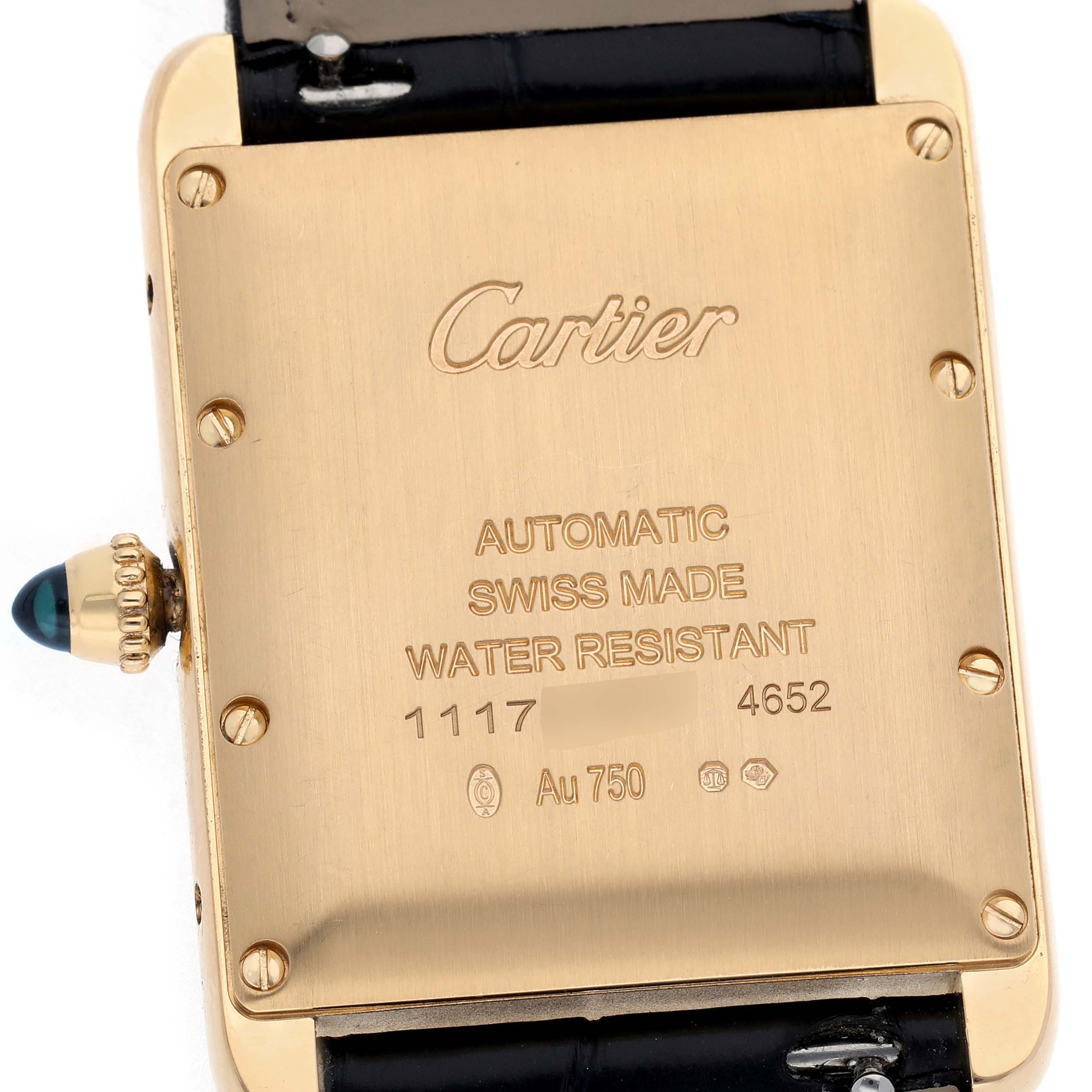 The image shows the back case of a Cartier Tank Louis WGTA0357 Men's Yellow Gold Silver Dial watch, highlighting its automatic movement and water resistance.