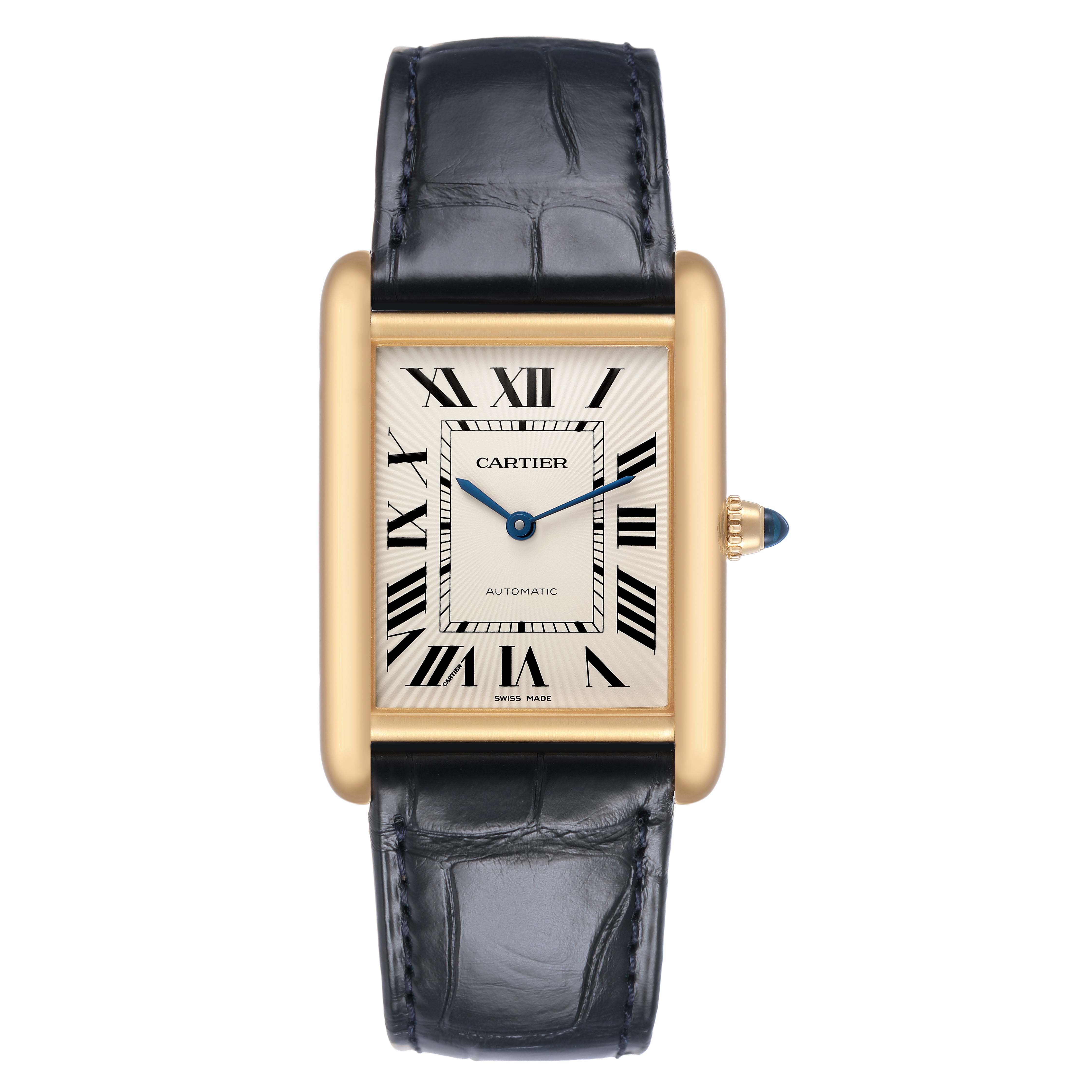 The Tank Louis by Cartier is shown from the front, highlighting its rectangular face, Roman numerals, gold case, and leather strap.