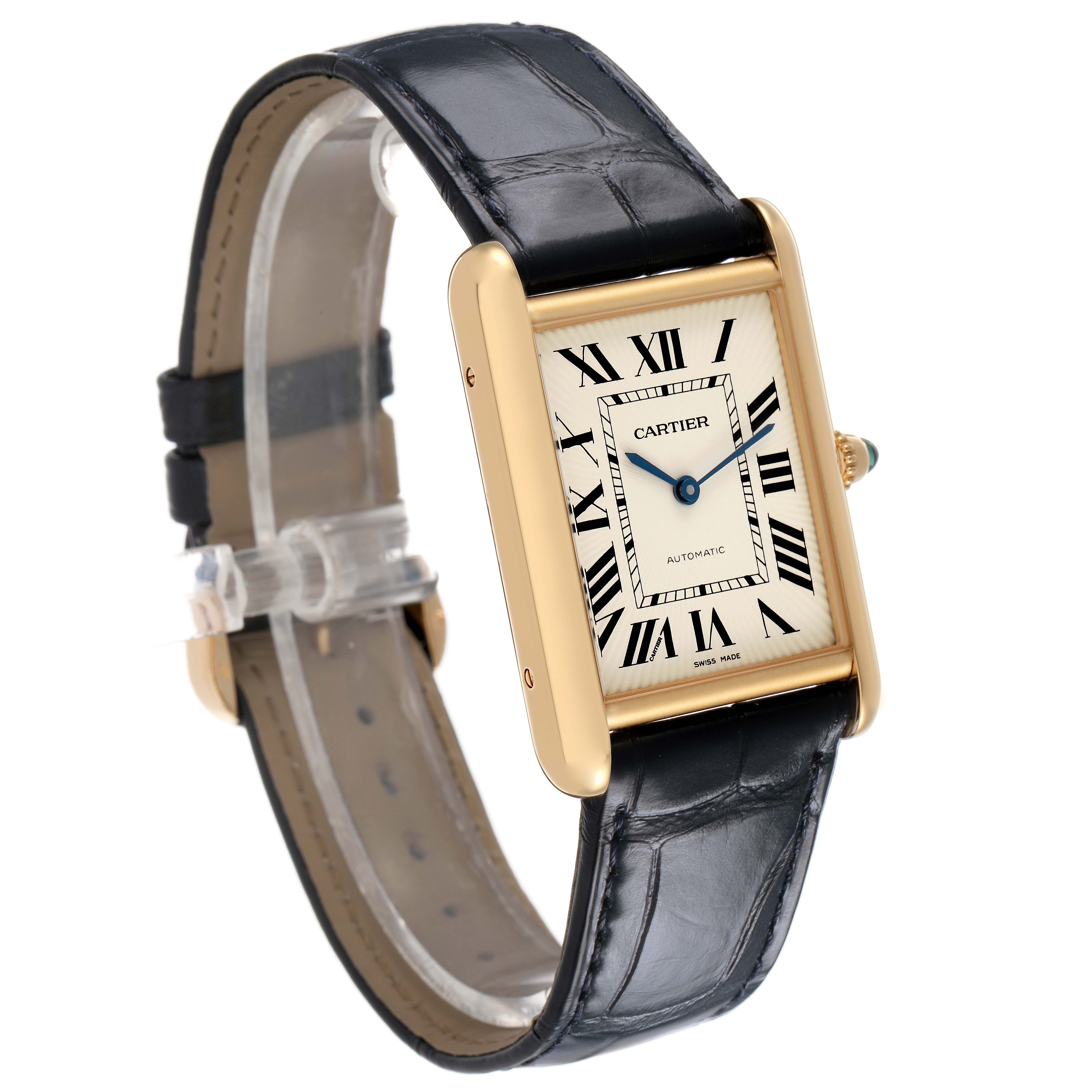 The Cartier Tank Louis WGTA0357 Men's Yellow Gold Silver Dial watch is shown at a slight angle, highlighting its rectangular face, Roman numerals, and leather strap.