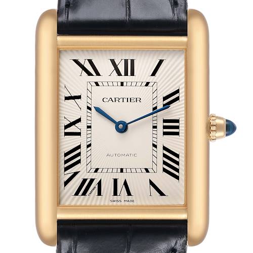 The Cartier Tank Louis WGTA0357 Men's Yellow Gold Silver Dial watch is shown from a front view, highlighting its gold case, Roman numerals, and a blue sapphire crown.