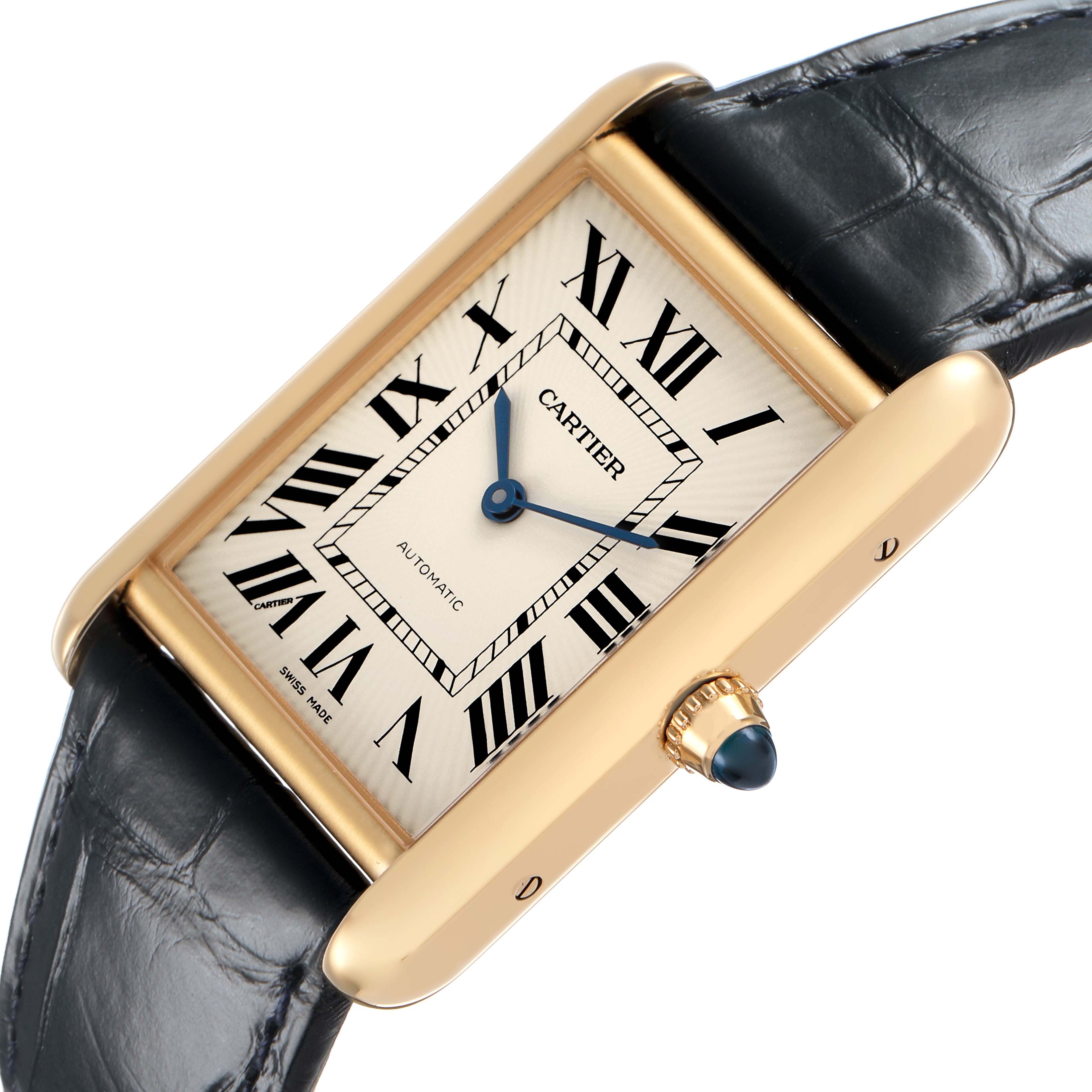 The Cartier Tank Louis WGTA0357 Men's Yellow Gold Silver Dial watch is shown at an angled view, highlighting its gold case, Roman numerals, blue hands, and leather strap.