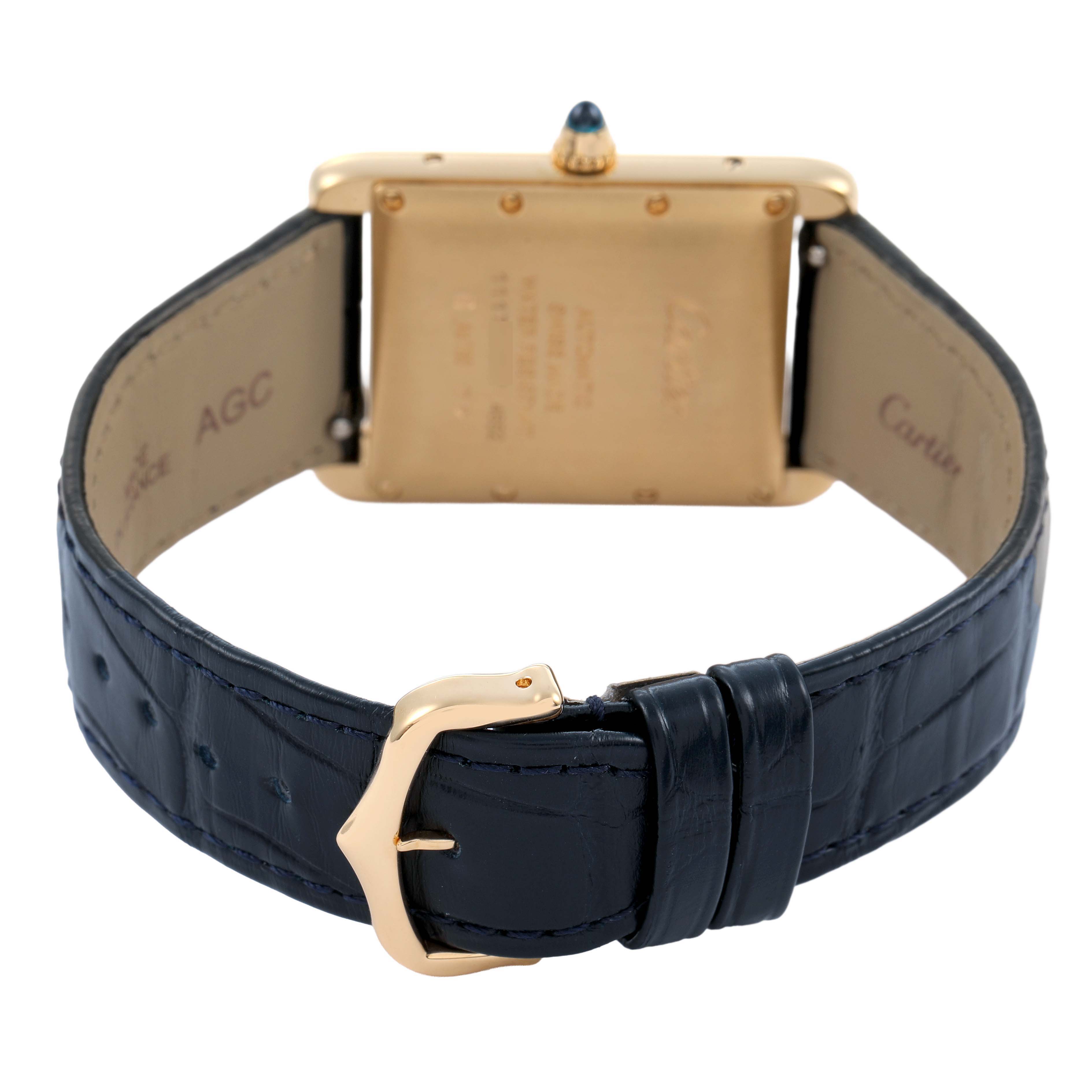 The image shows the back and clasp of a Cartier Tank Louis WGTA0357 Men's Yellow Gold Silver Dial watch, highlighting the strap and buckle.