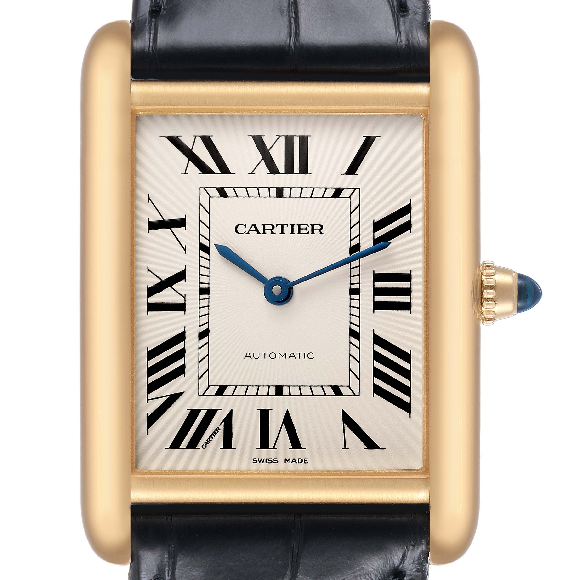 The Cartier Tank Louis WGTA0357 Men's Yellow Gold Silver Dial watch is shown from a front view, displaying its rectangular face, Roman numerals, gold case, and black strap.