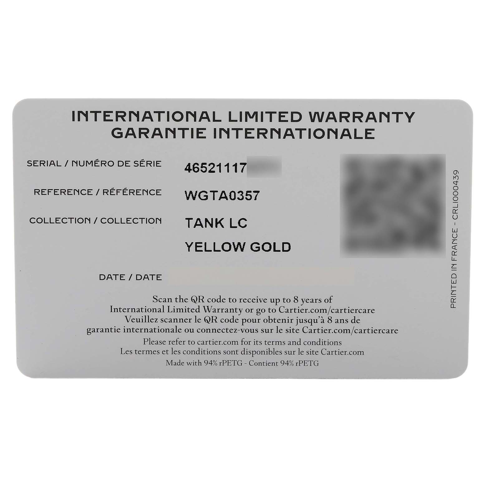 The image shows a warranty card for a Cartier Tank Louis WGTA0357 Men's Yellow Gold Silver Dial model watch, not the watch itself.