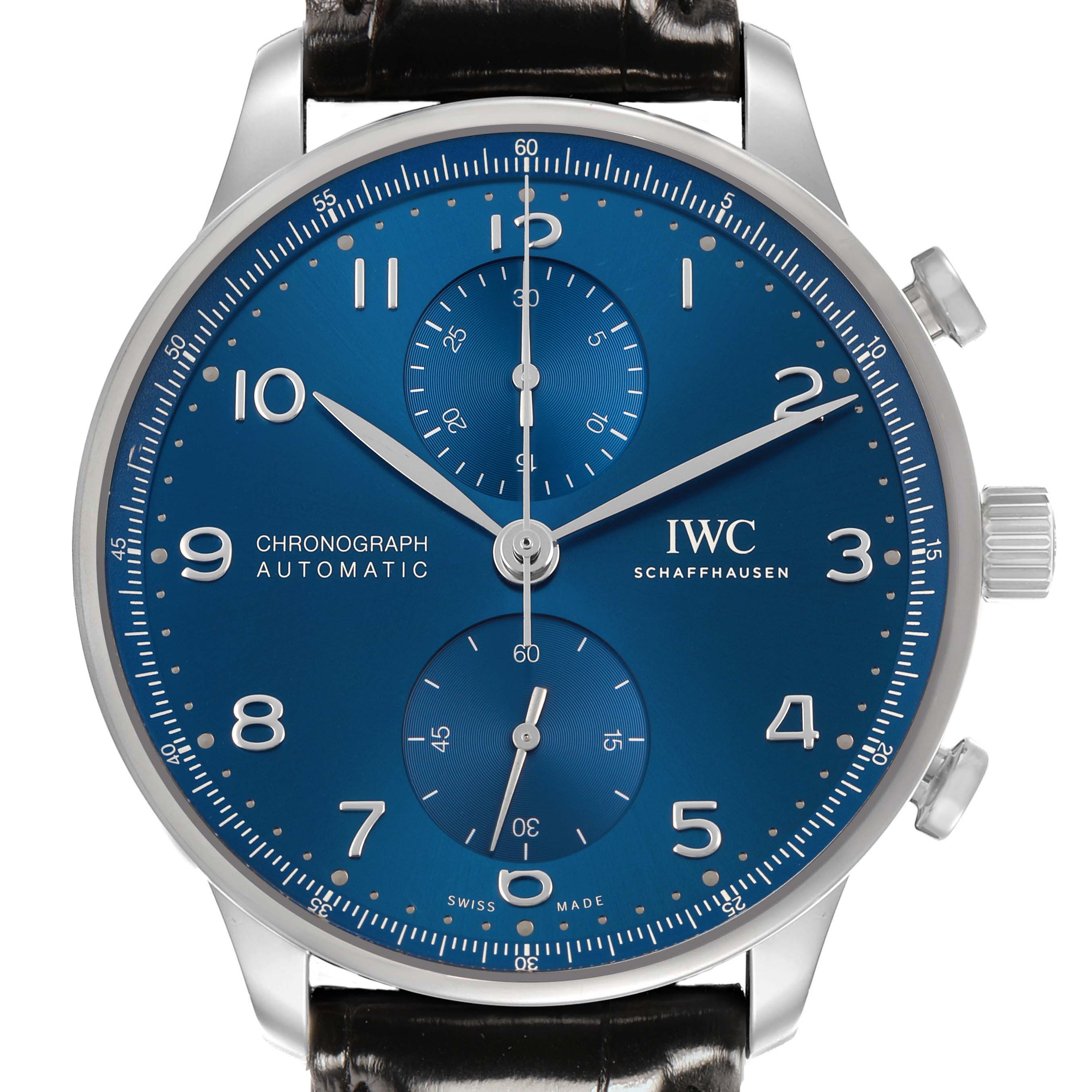 The IWC Portuguese IW371606 Men's Stainless Steel Blue Dial watch is shown from a front angle, displaying the dial, subdials, crown, and part of the strap.