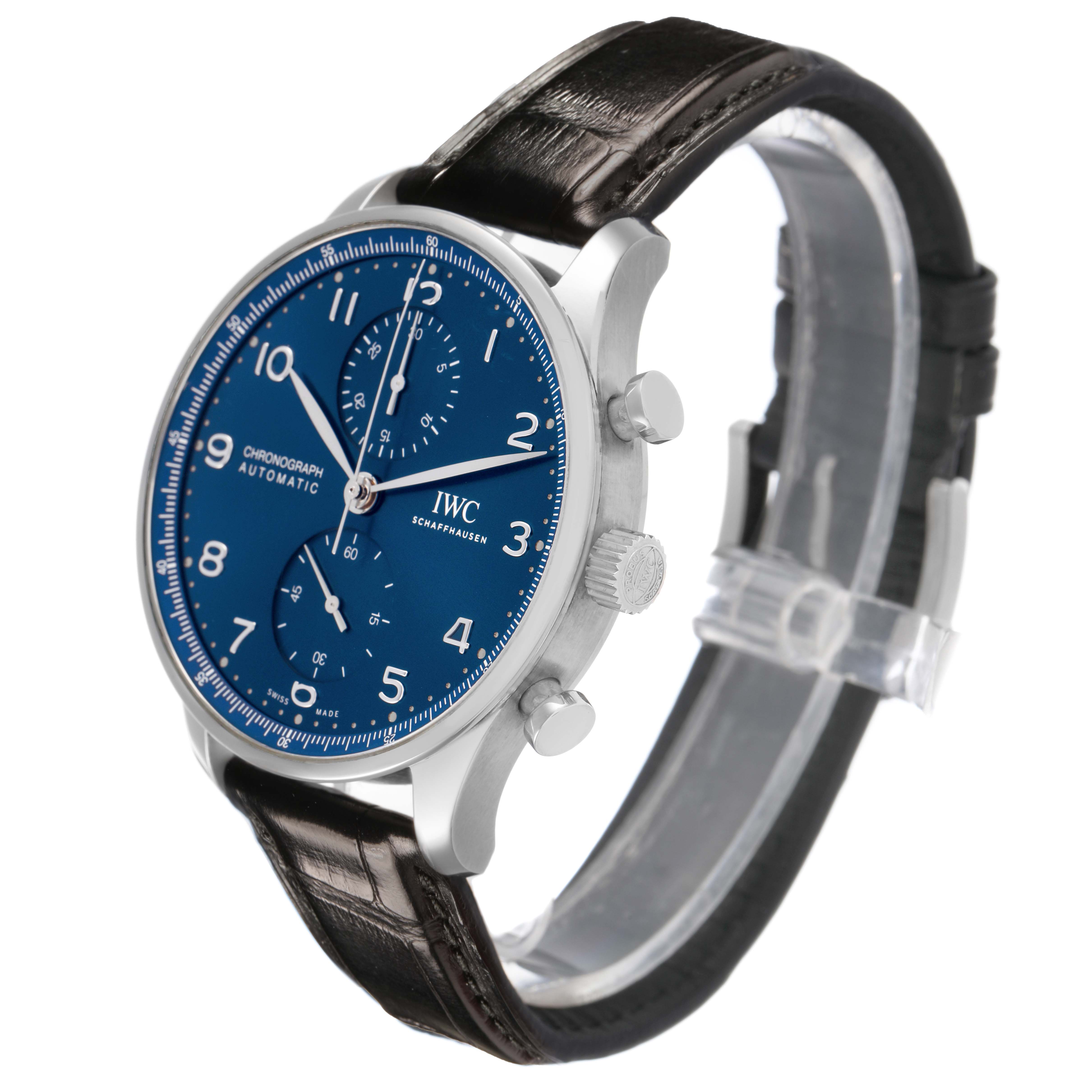 The IWC Portuguese IW371606 Men's Stainless Steel Blue Dial model watch is shown at a three-quarter angle, highlighting the blue dial, chronograph subdials, and leather strap.