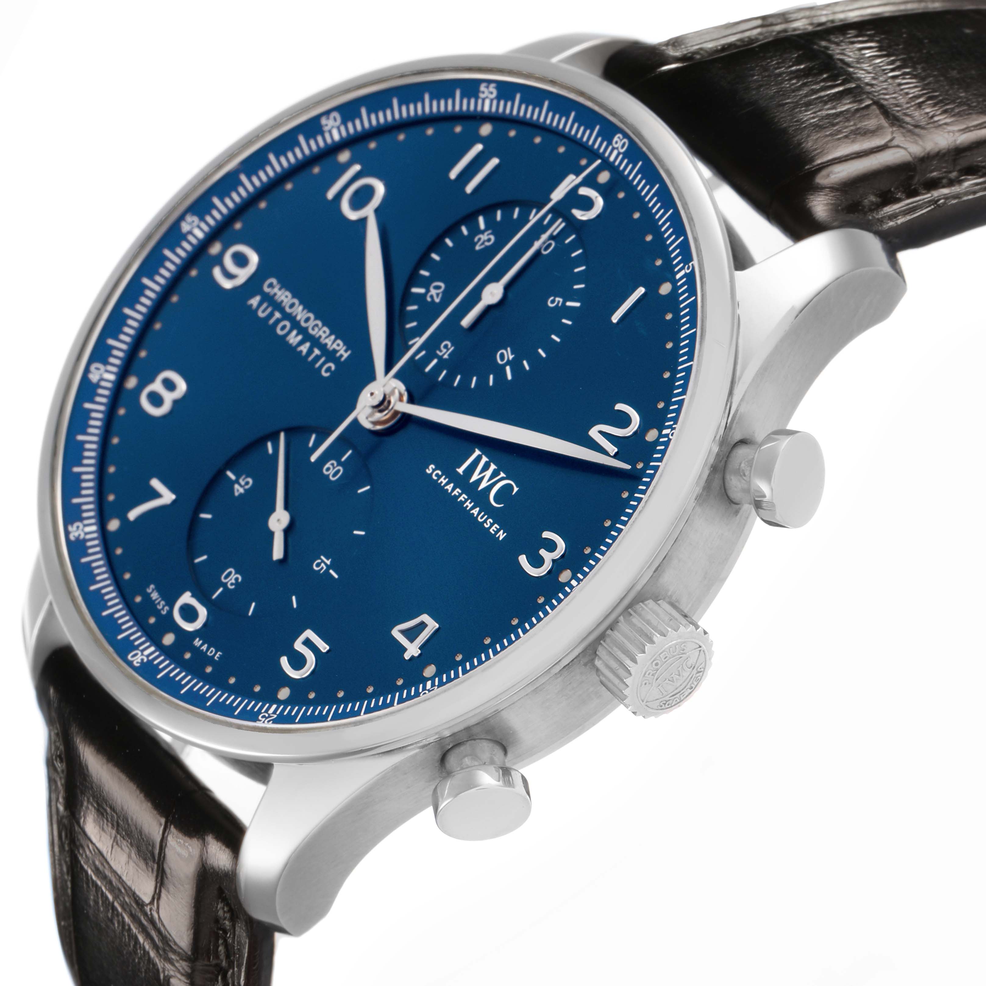The IWC Portuguese IW371606 Men's Stainless Steel Blue Dial watch is shown at a slight angle, highlighting the blue dial, crown, and pushers, with a leather strap.