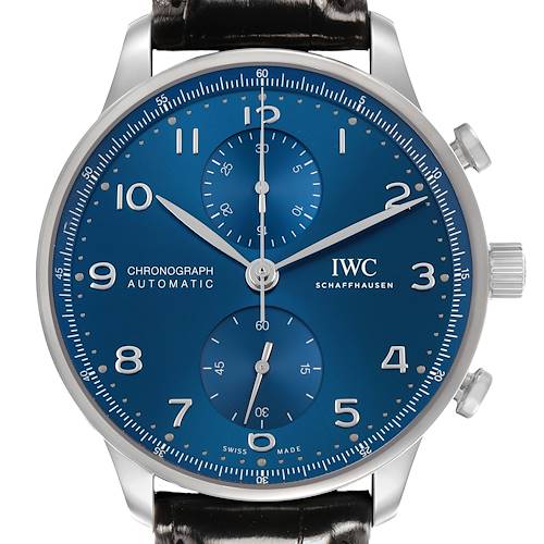 The IWC Portuguese IW371606 Men's Stainless Steel Blue Dial watch is shown front-on, displaying the blue dial, chronograph subdials, and crown.