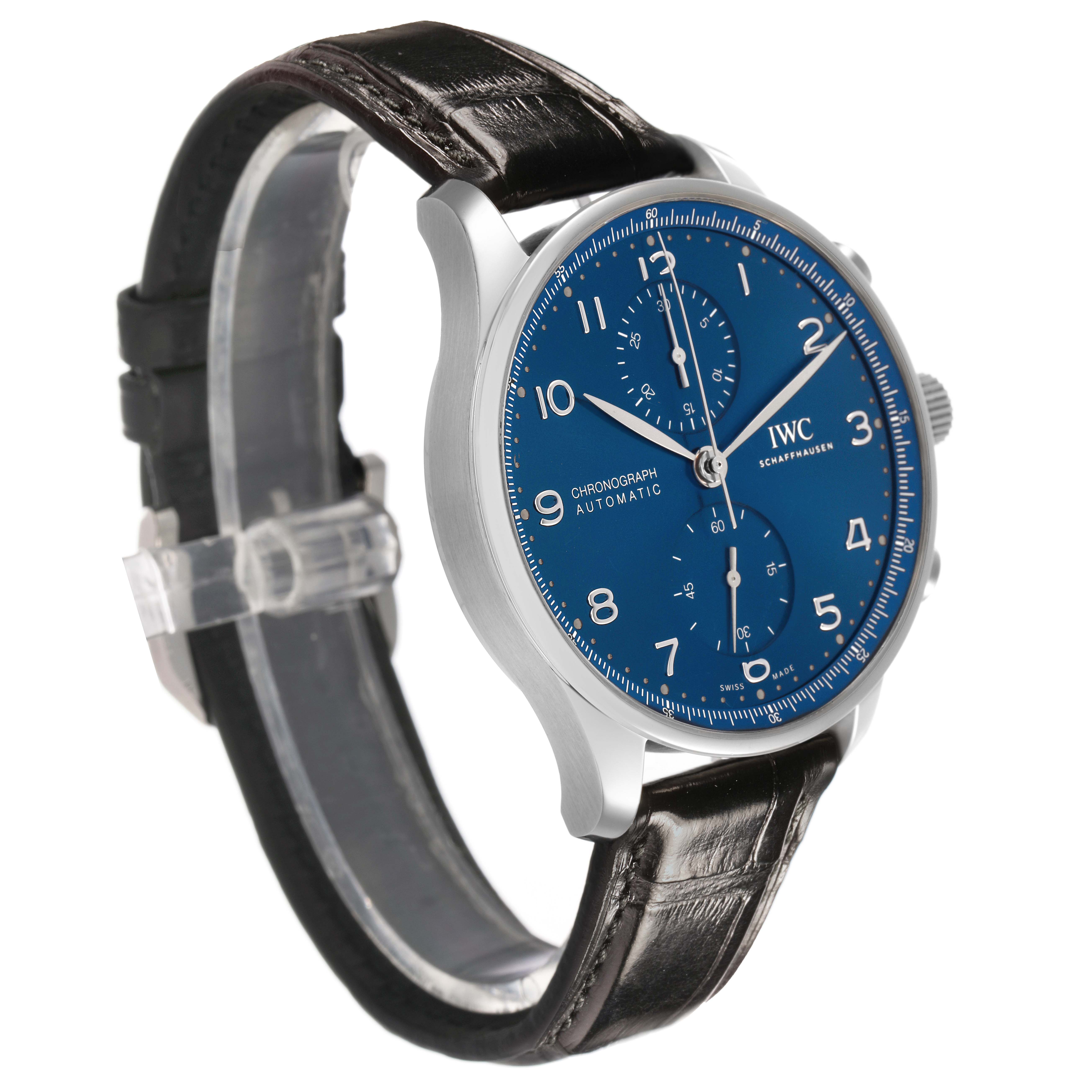 The image shows an IWC Portuguese IW371606 Men's Stainless Steel Blue Dial watch at a slightly angled side view, highlighting its blue dial, silver case, and leather strap.