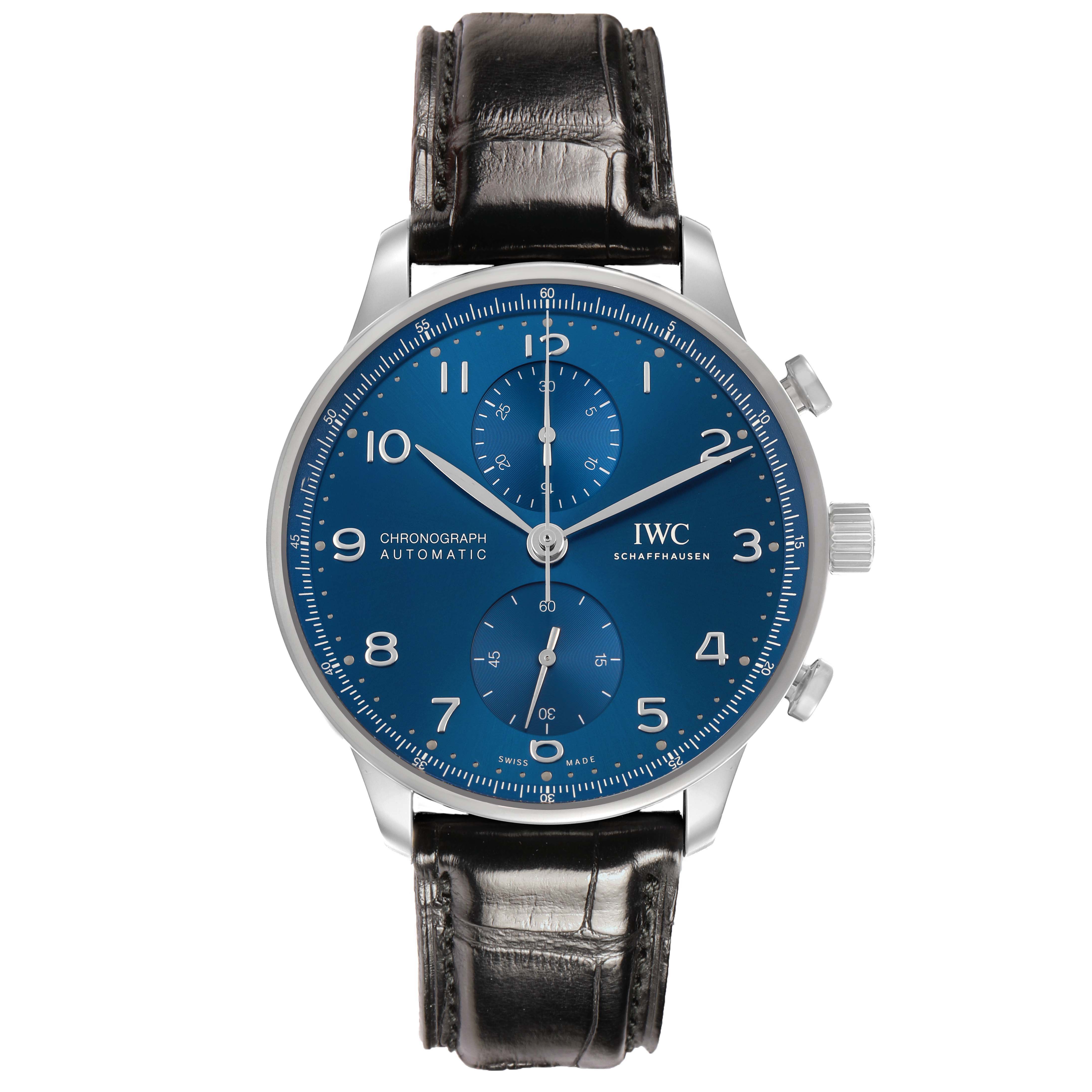 The IWC Portuguese IW371606 Men's Stainless Steel Blue Dial model watch is shown from a top view, displaying the blue dial, chronograph subdials, and leather strap.