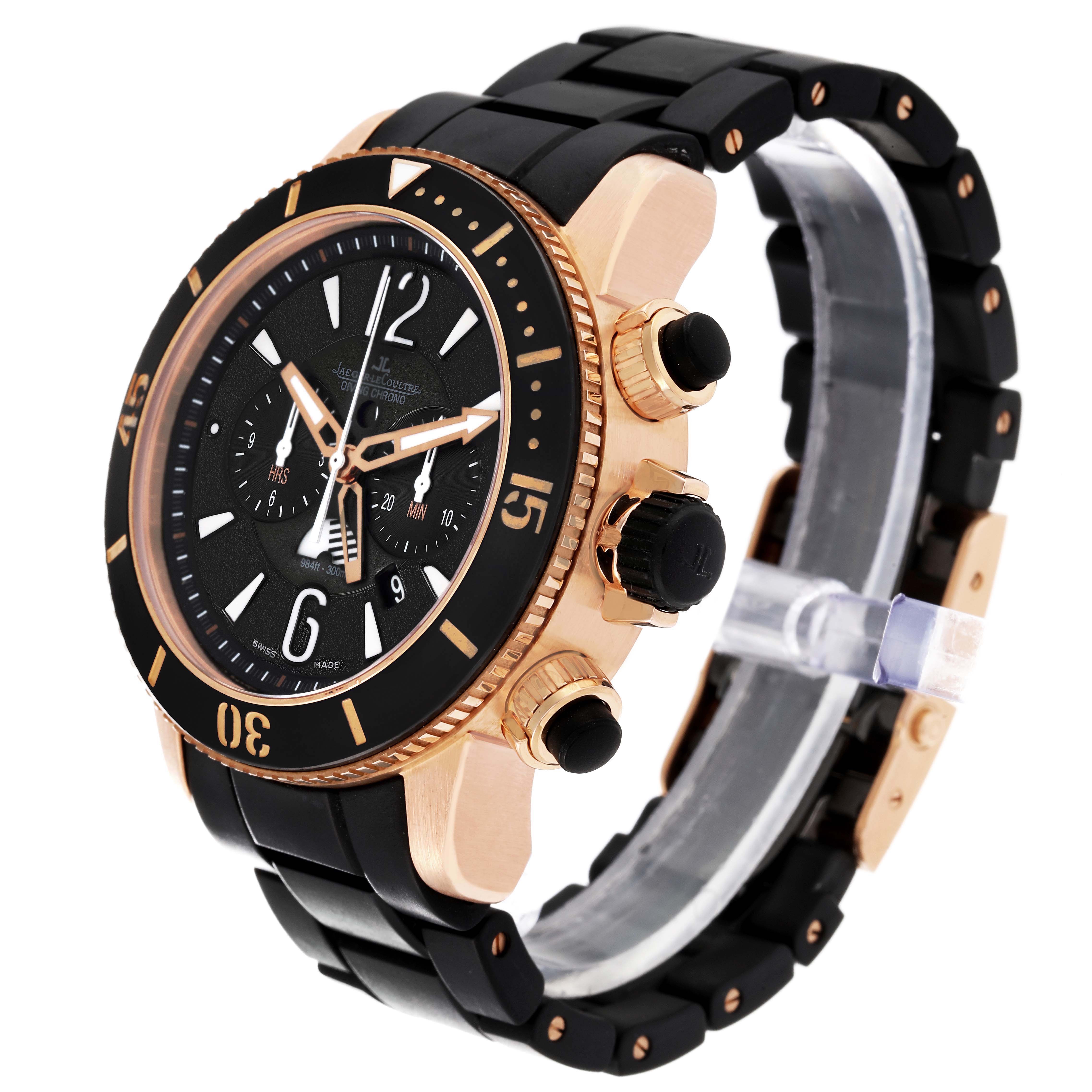 The Jaeger-LeCoultre Master watch is shown at an angle, highlighting its black dial, bezel, and crown, along with its black strap.