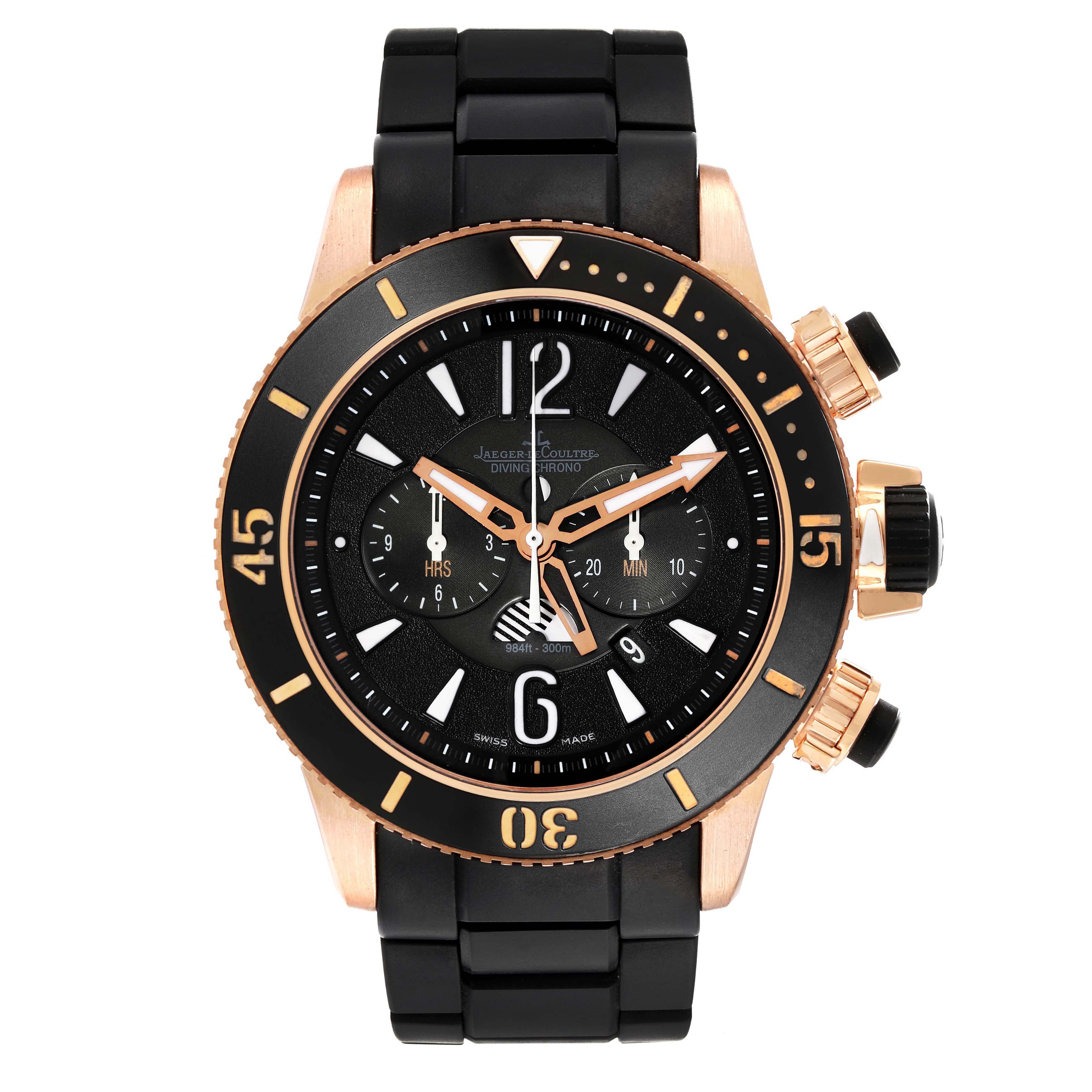 The image shows a front view of the Jaeger LeCoultre Master Q1782470 Men's Rose Gold Black Dial Q1782470 Men's Rose Gold Black Dial model watch with a black and gold case and black strap.