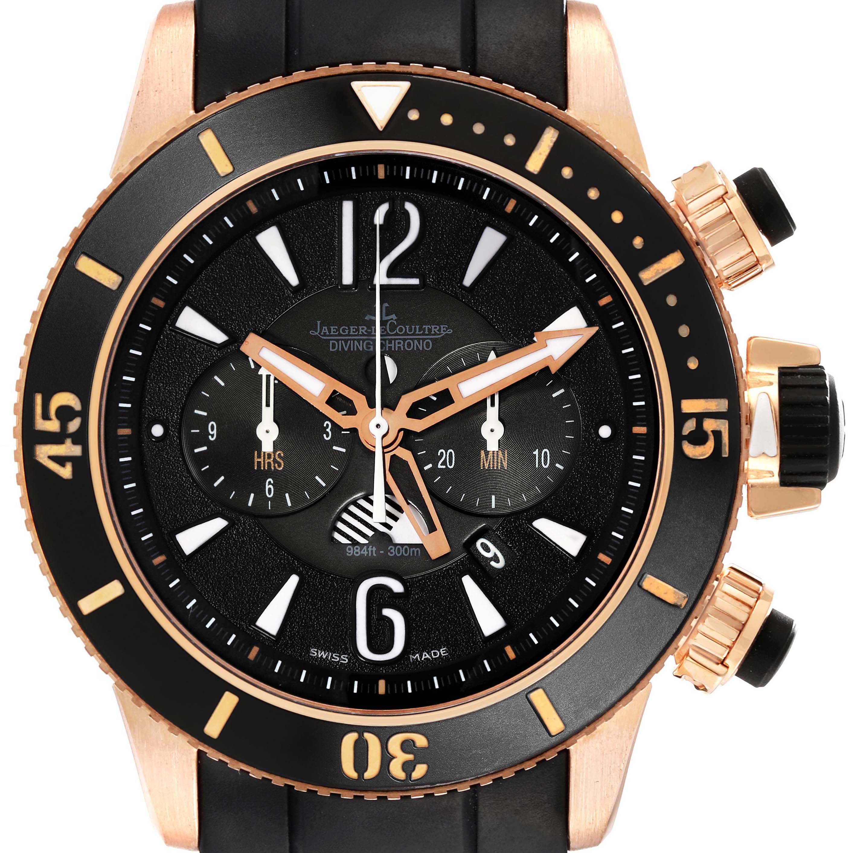 This image shows the front view of the Jaeger LeCoultre Master Q1782470 Men's Rose Gold Black Dial Q1782470 Men's Rose Gold Black Dial Diver Chronograph watch dial and bezel.