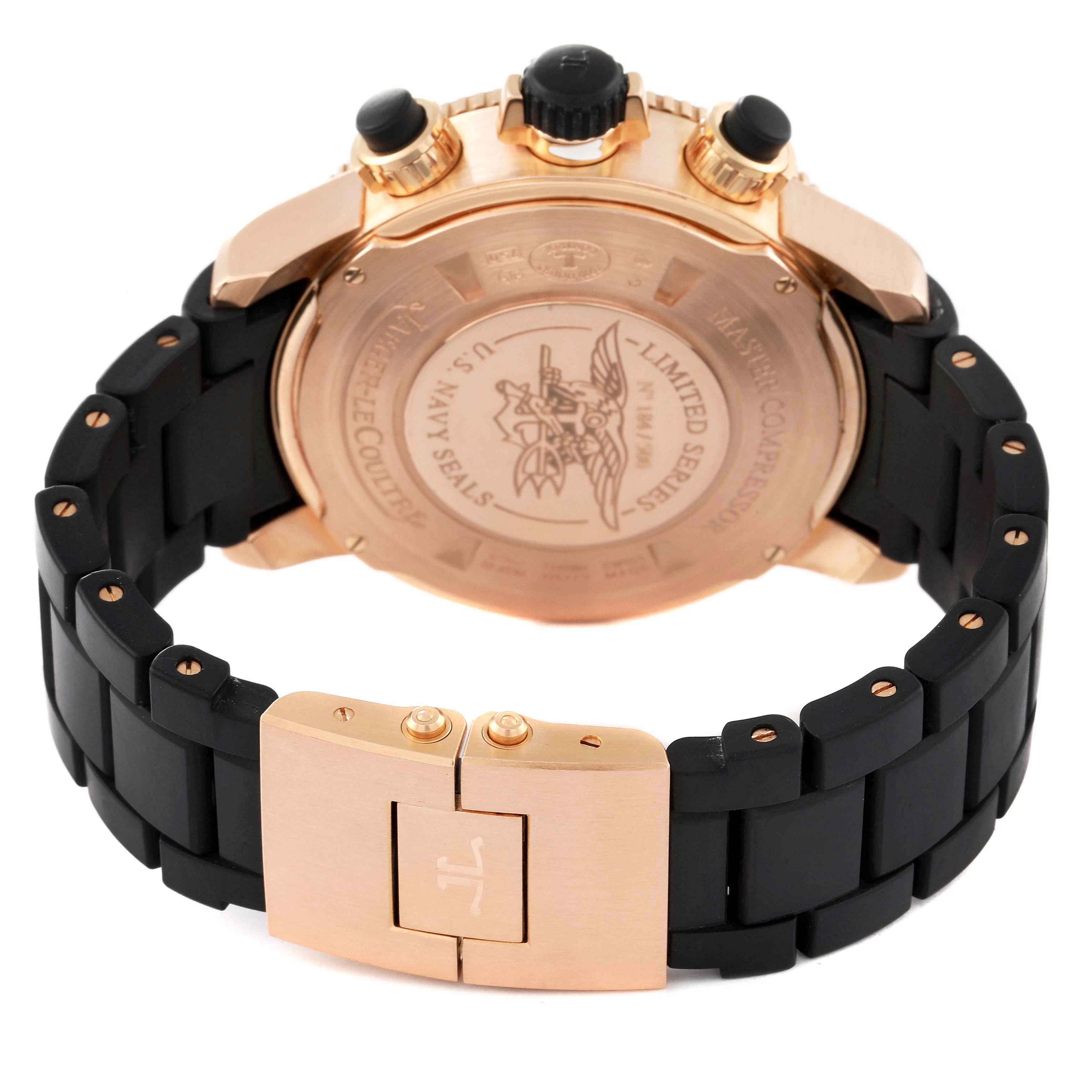 This image shows the back of the Jaeger LeCoultre Master Q1782470 Men's Rose Gold Black Dial Q1782470 Men's Rose Gold Black Dial model watch, highlighting the case back detailing and the clasp.