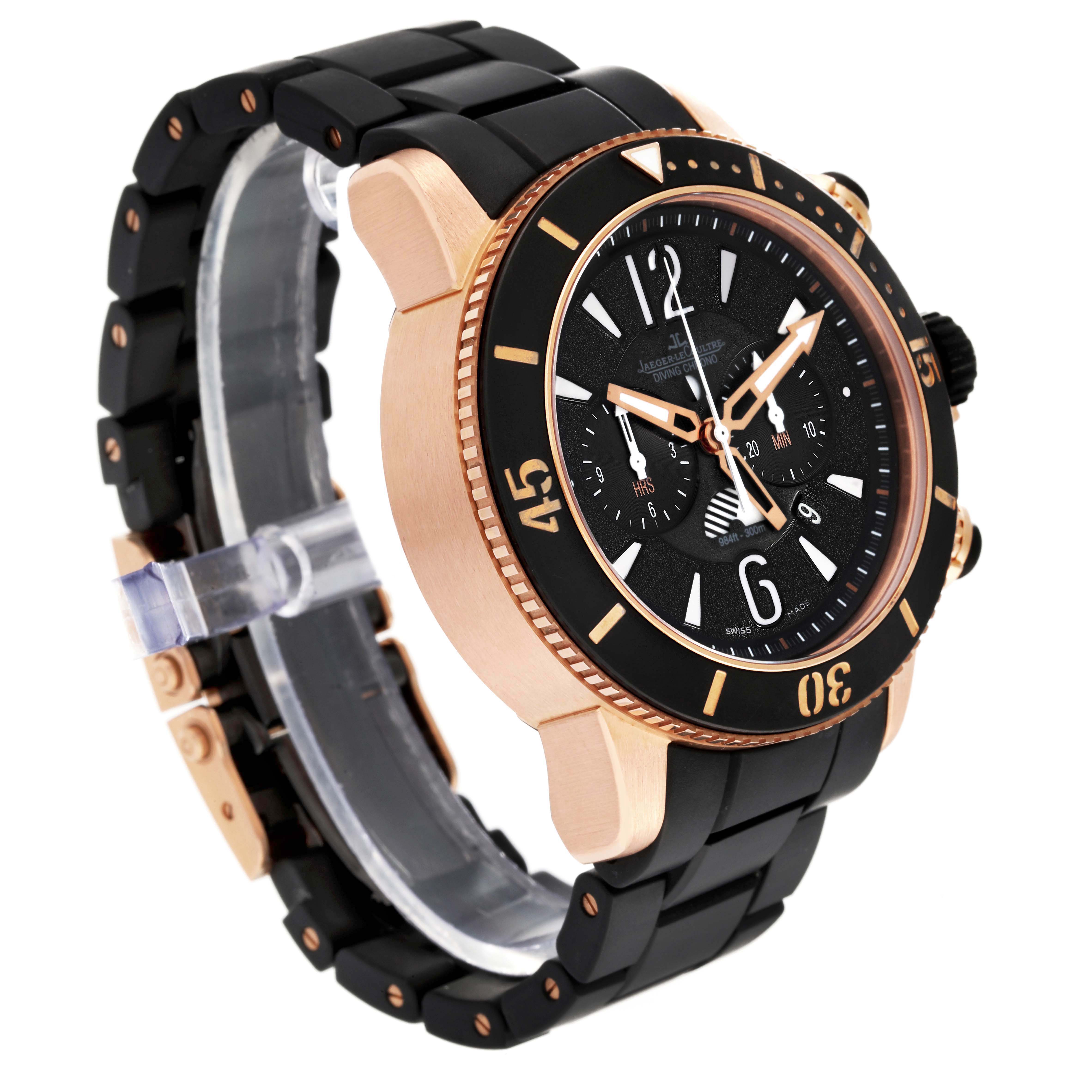 The Jaeger LeCoultre Master Q1782470 Men's Rose Gold Black Dial Q1782470 Men's Rose Gold Black Dial watch is shown at a three-quarter angle, highlighting its black and gold bezel and bracelet.