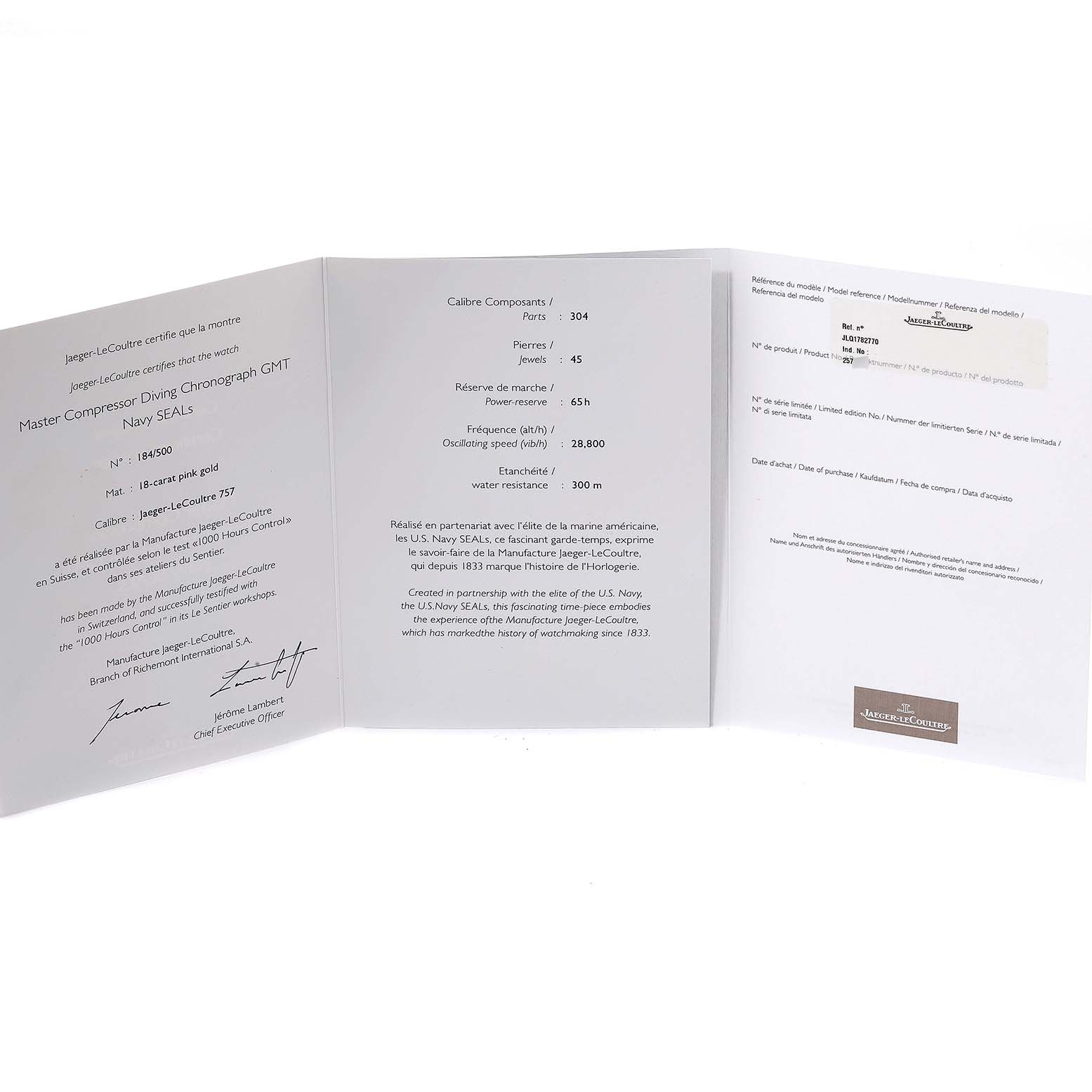 The image shows the documentation and certification for the Jaeger-LeCoultre Master Compressor Diving Chronograph GMT Navy SEALs watch.