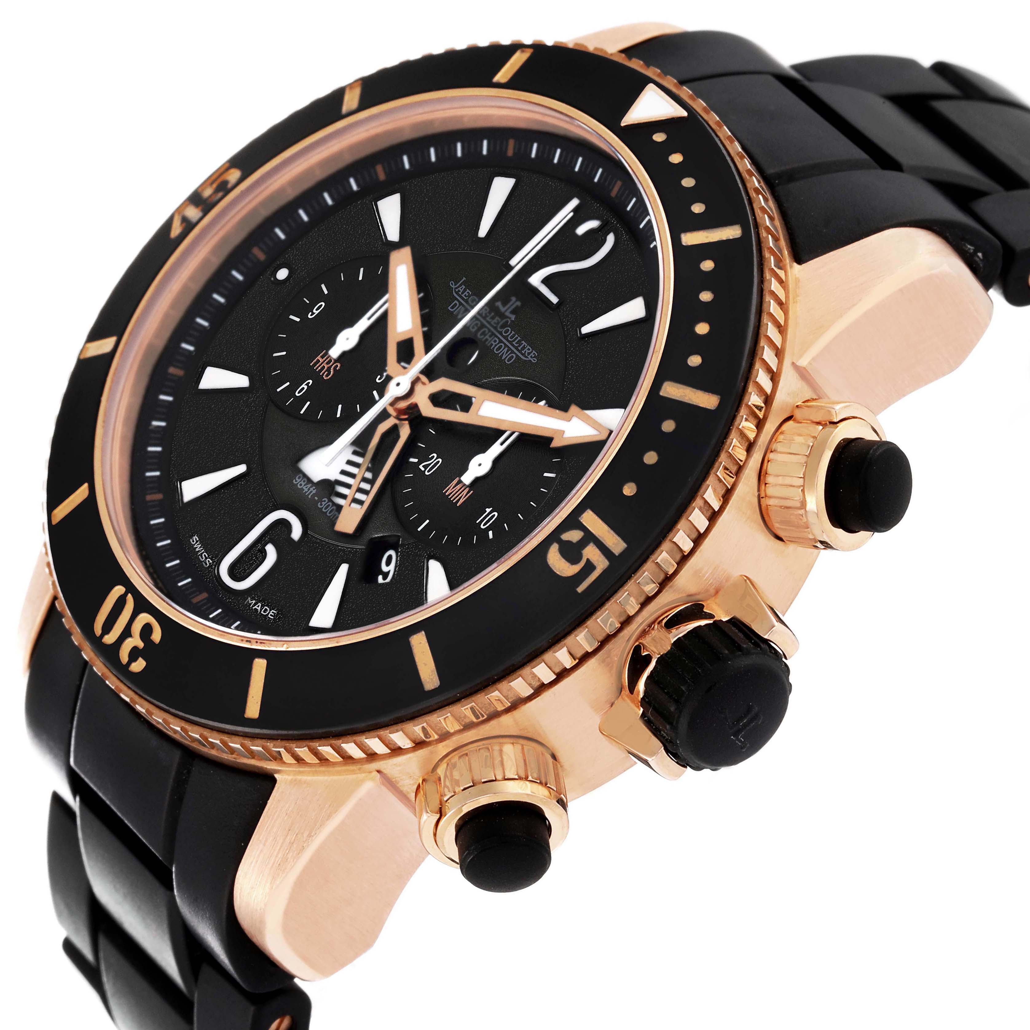 The image shows a close-up angled side view of the Jaeger LeCoultre Master Q1782470 Men's Rose Gold Black Dial Q1782470 Men's Rose Gold Black Dial model, highlighting the watch face, bezel, and crown.